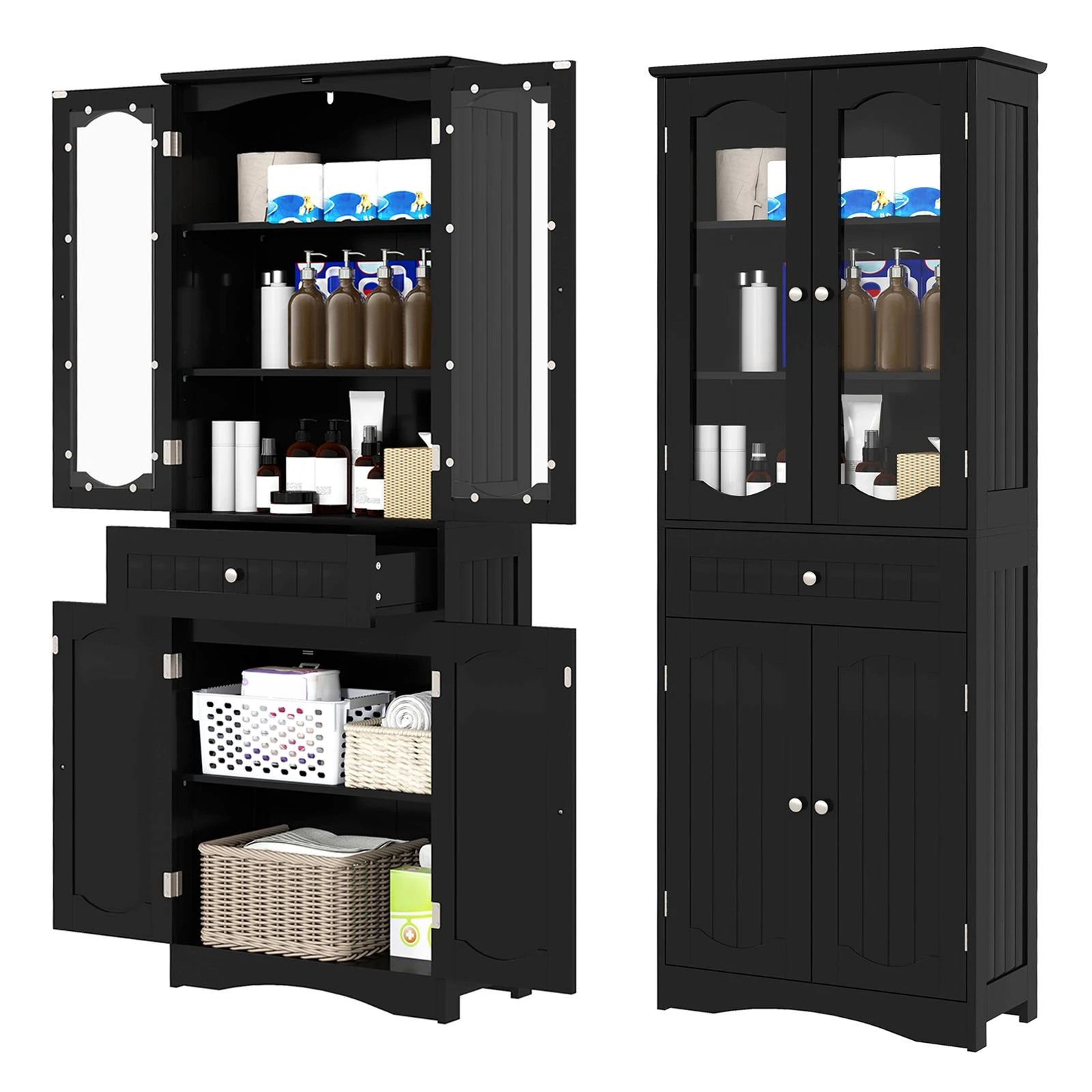 2 Costway 1.6M Bathroom Storage Cabinet w/Tempered Glass Doors Freestanding Cupboard Pantry, 2 of 2