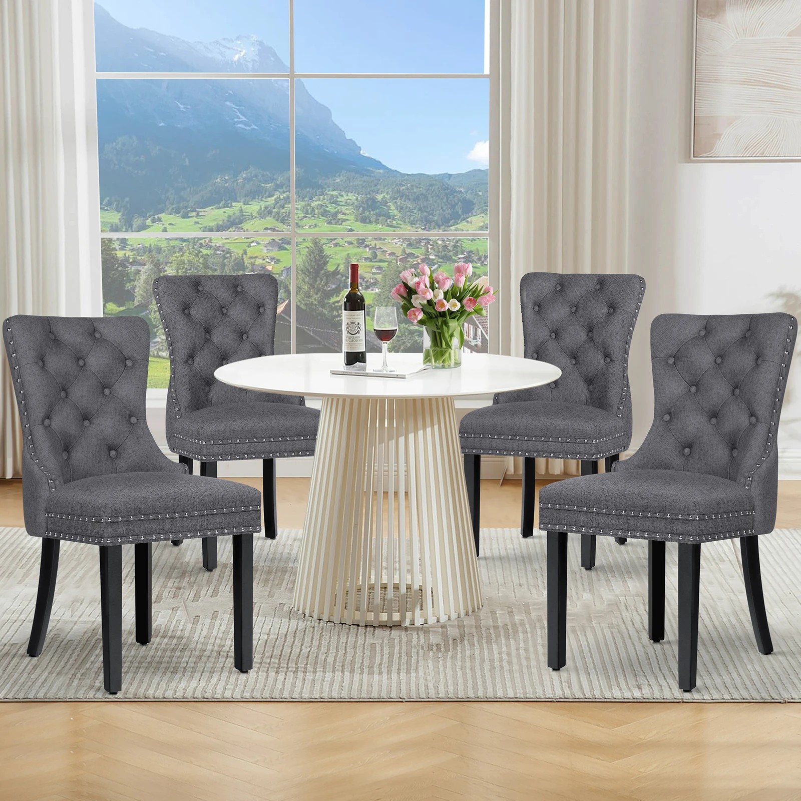 2 Alfordson 4x Dining Chair Kitchen Lounge Retro Button Tufted Wooden Fabric - Grey, 2 of 10