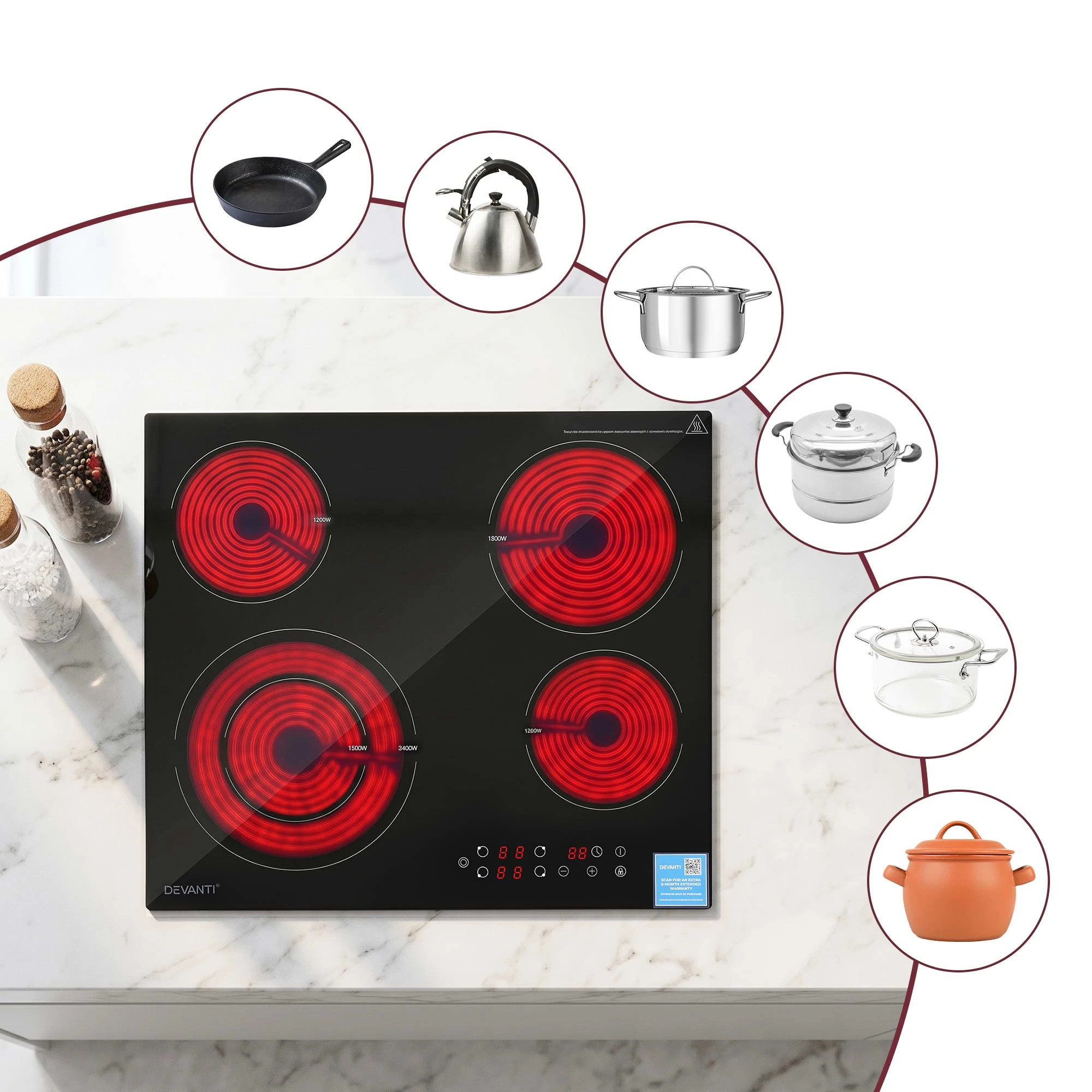 7 Devanti Electric Ceramic Cooktop Dual Zone Touch Control Black - Black, 7 of 8