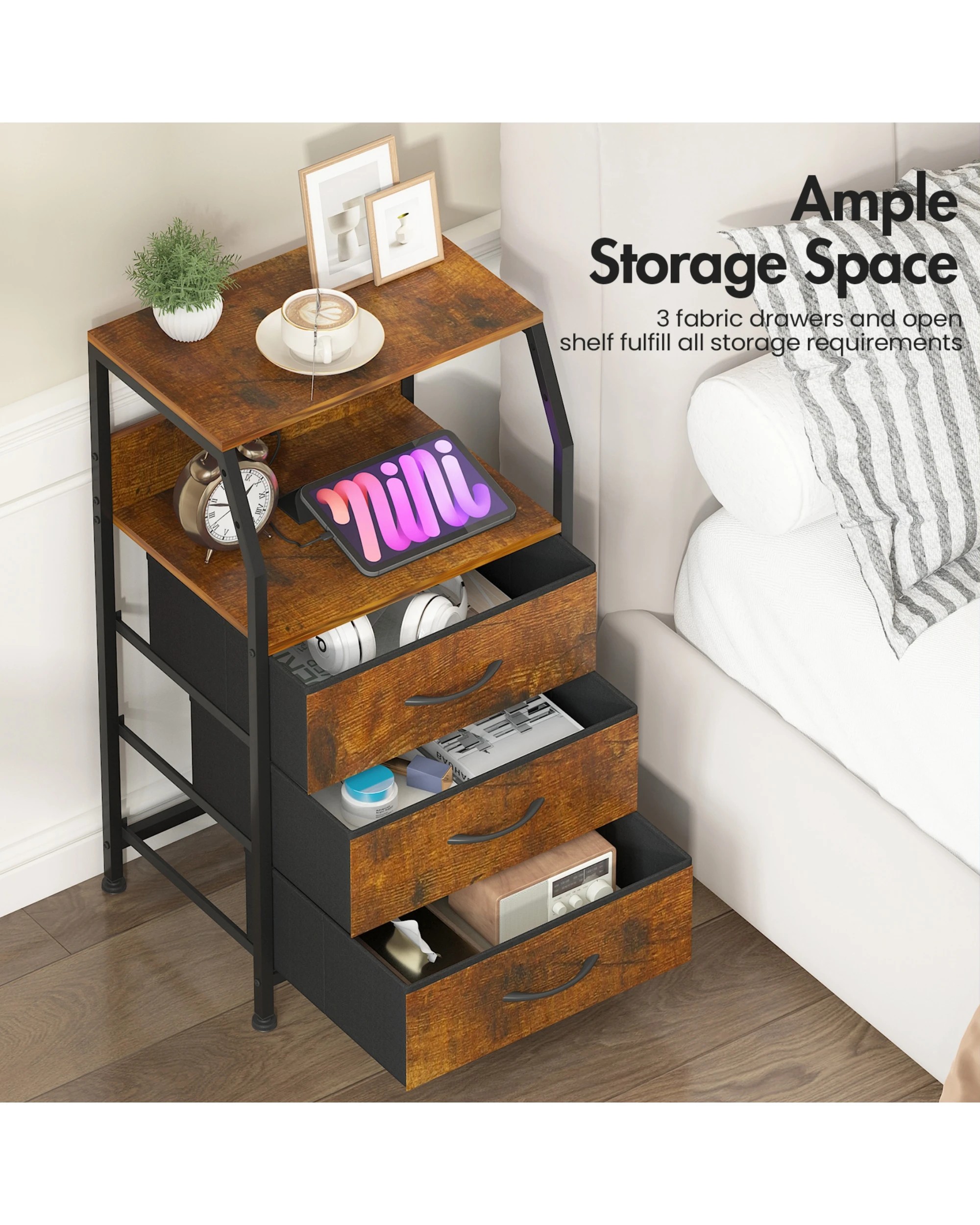 2 Advwin Bedside Table Set Of 2 With Charging Station 3 Fabric Drawers Nightstand, 2 of 7