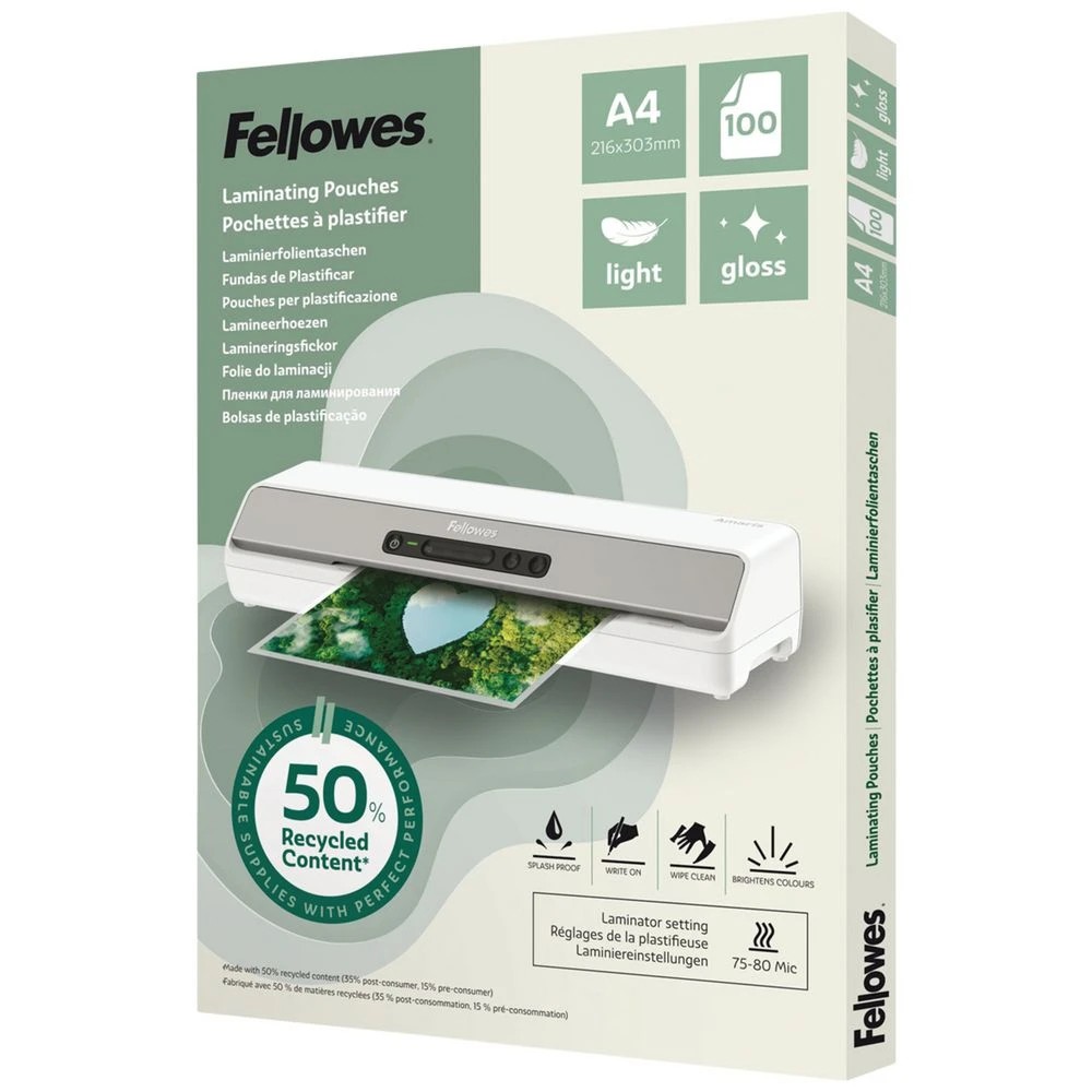 1 Fellowes Sustainable Laminating Pounch A4 Gloss 100 Pack, 1 of 2