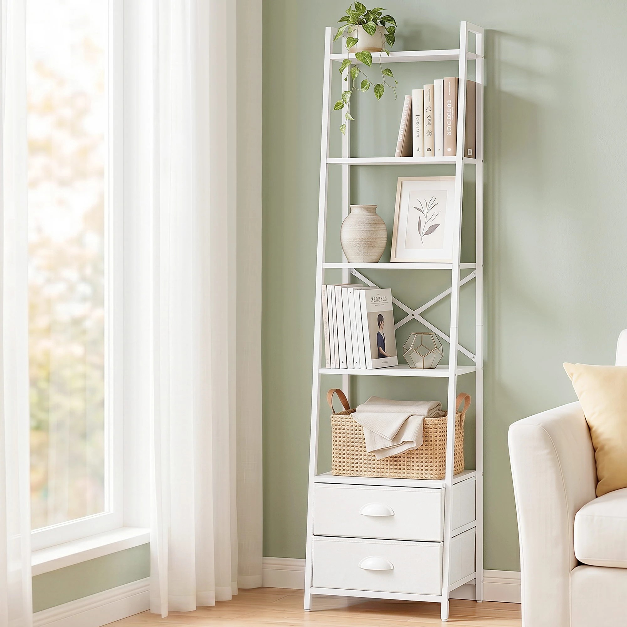 9 Artiss 5 Tier Bookshelf Ladder Bookcase with Fabric Drawers Display Rack - White, 9 of 9