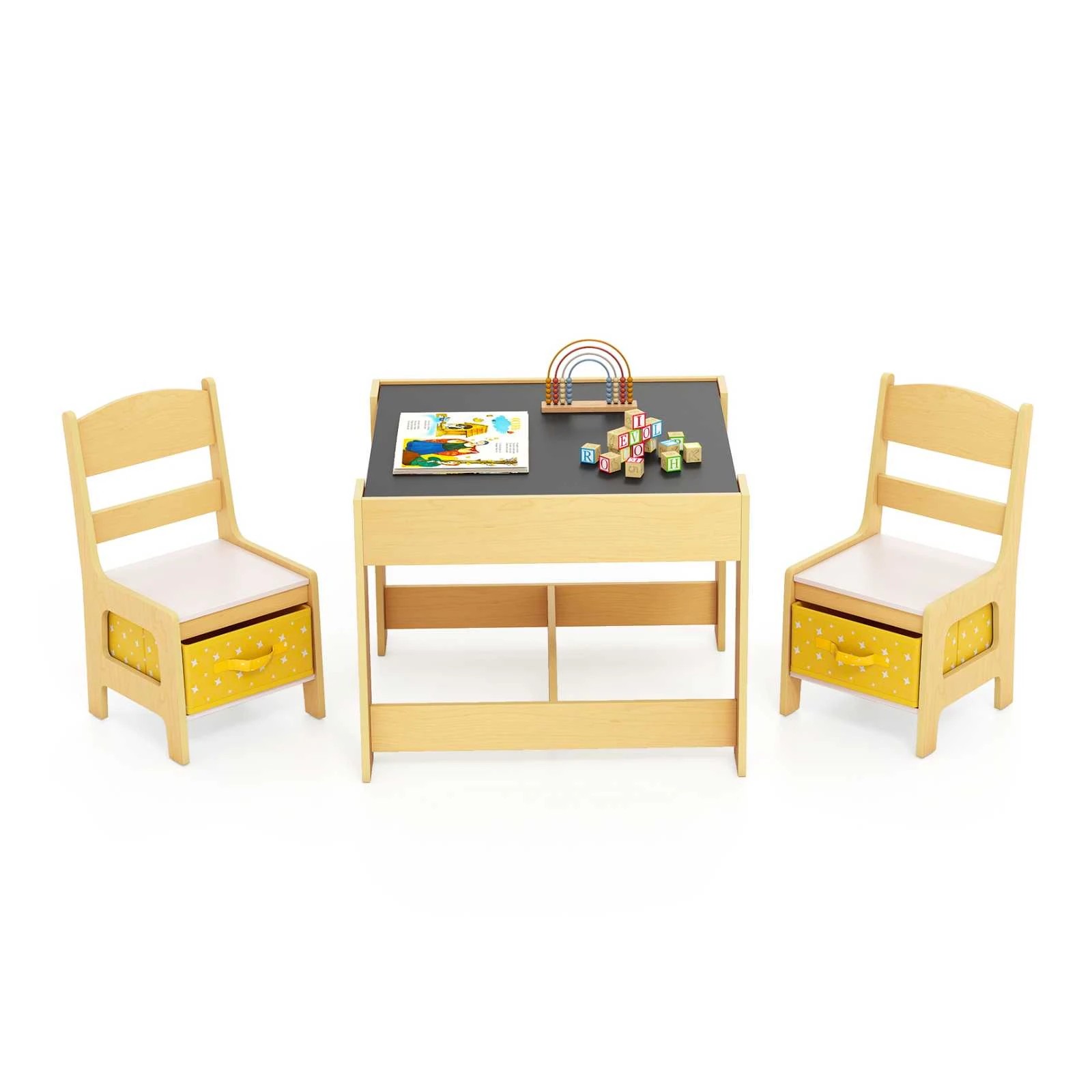 1 Costway 3in1 Table Chairs Set Reversible Play Drawing Table - Yellow, 1 of 1