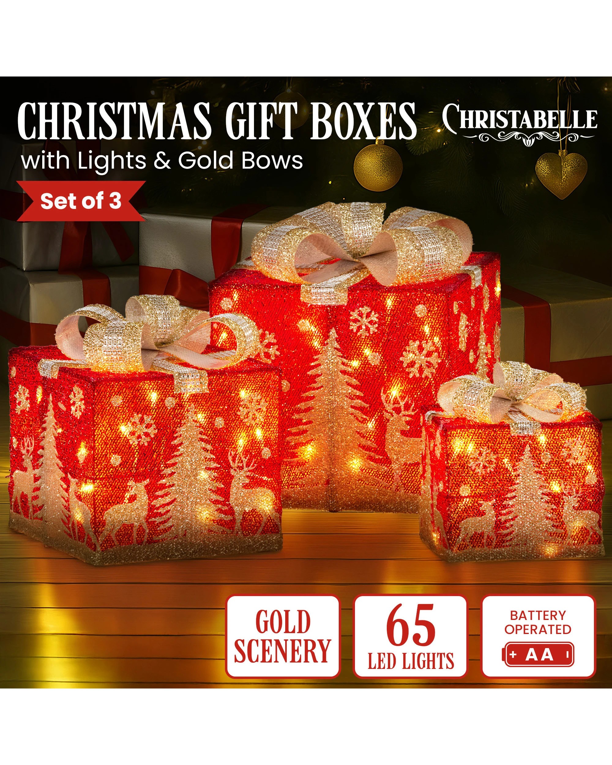 6 Christabelle Set Of 3 Christmas Gift Box Display With Led Lights And Bows Decoration Ornament, 6 of 6