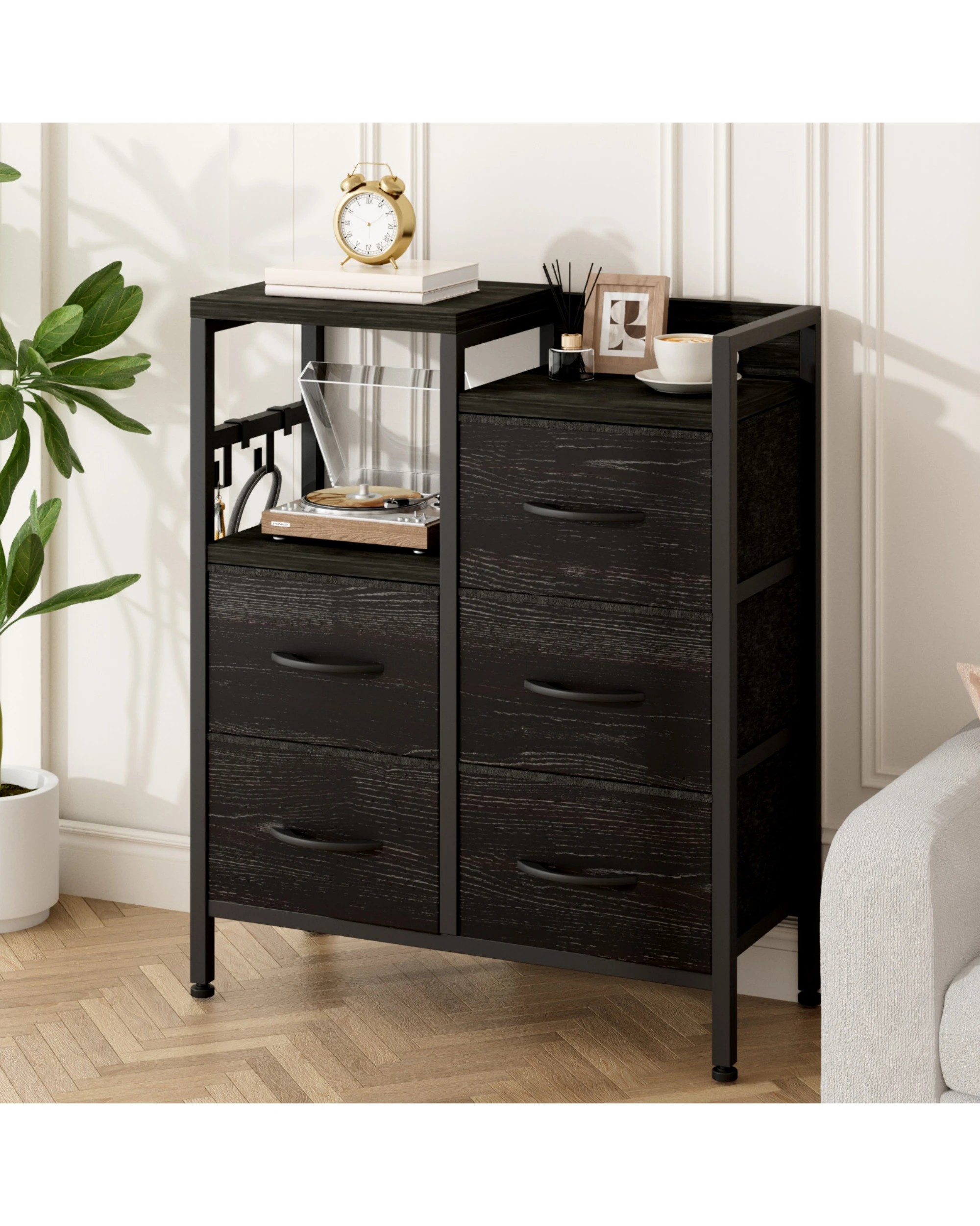 3 Advwin Chest of 5 Drawers Storage Cabinet with Open Shelf - Black, 3 of 10