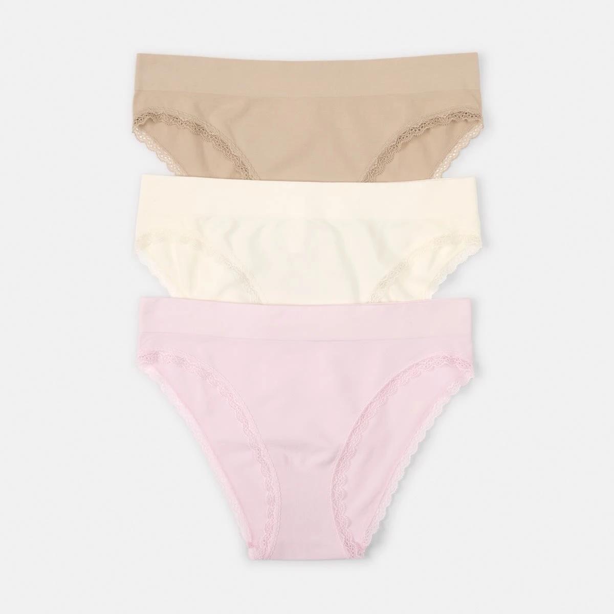 1 3 Pack Seamfree Bamboo Lace Bikini Briefs PINK CHALK, WHISPER WHITE, LIGHT FAWN, 1 of 9