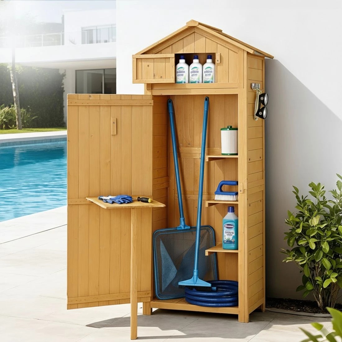 4 Gardeon Outdoor Storage Cabinet Cupboard Folding Table Tool Organizer Shed - Natural, 4 of 5