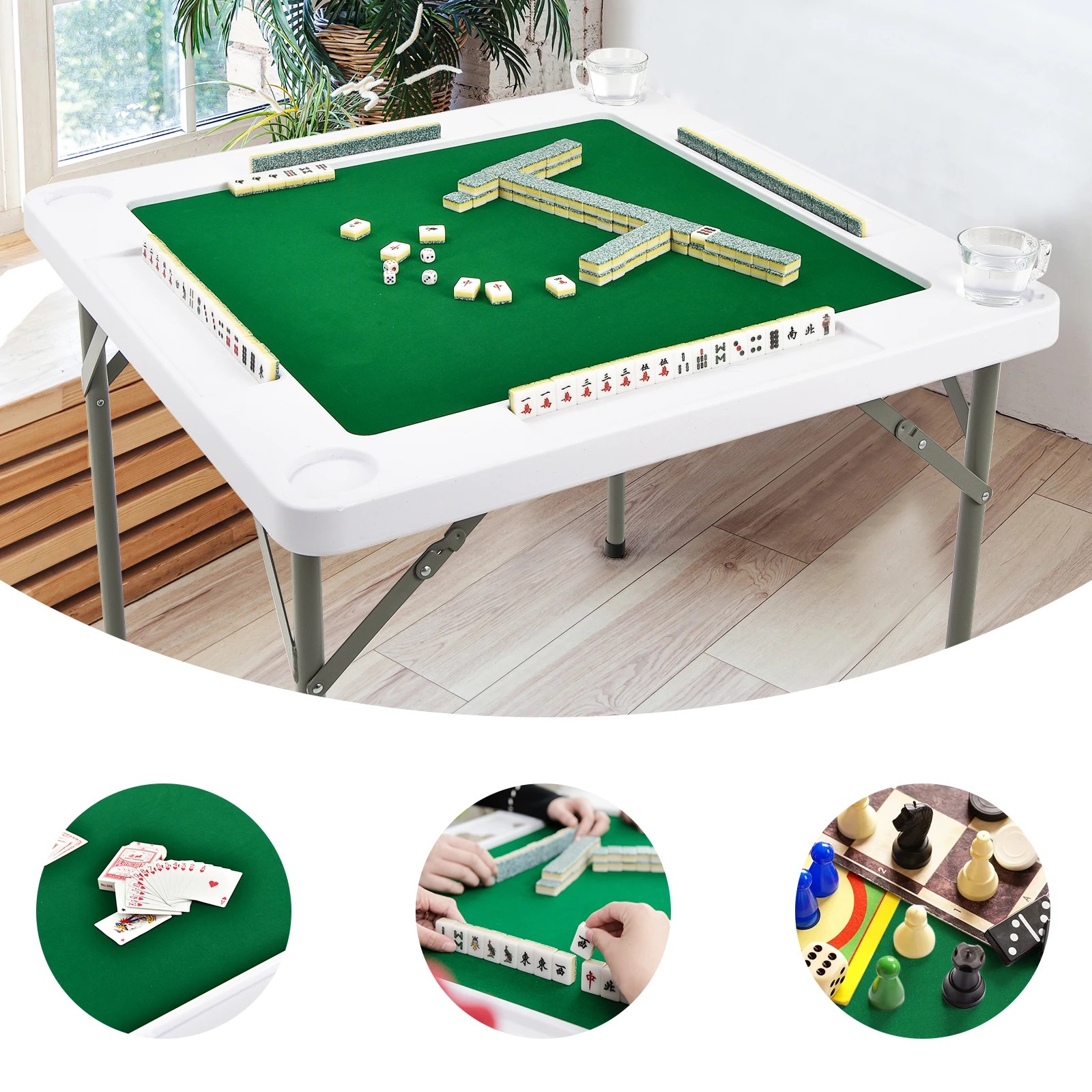 6 Costway Folding Mahjong Table Portable Card Table w/4 Cup Holders & 4 Chip Grooves, 6 of 6