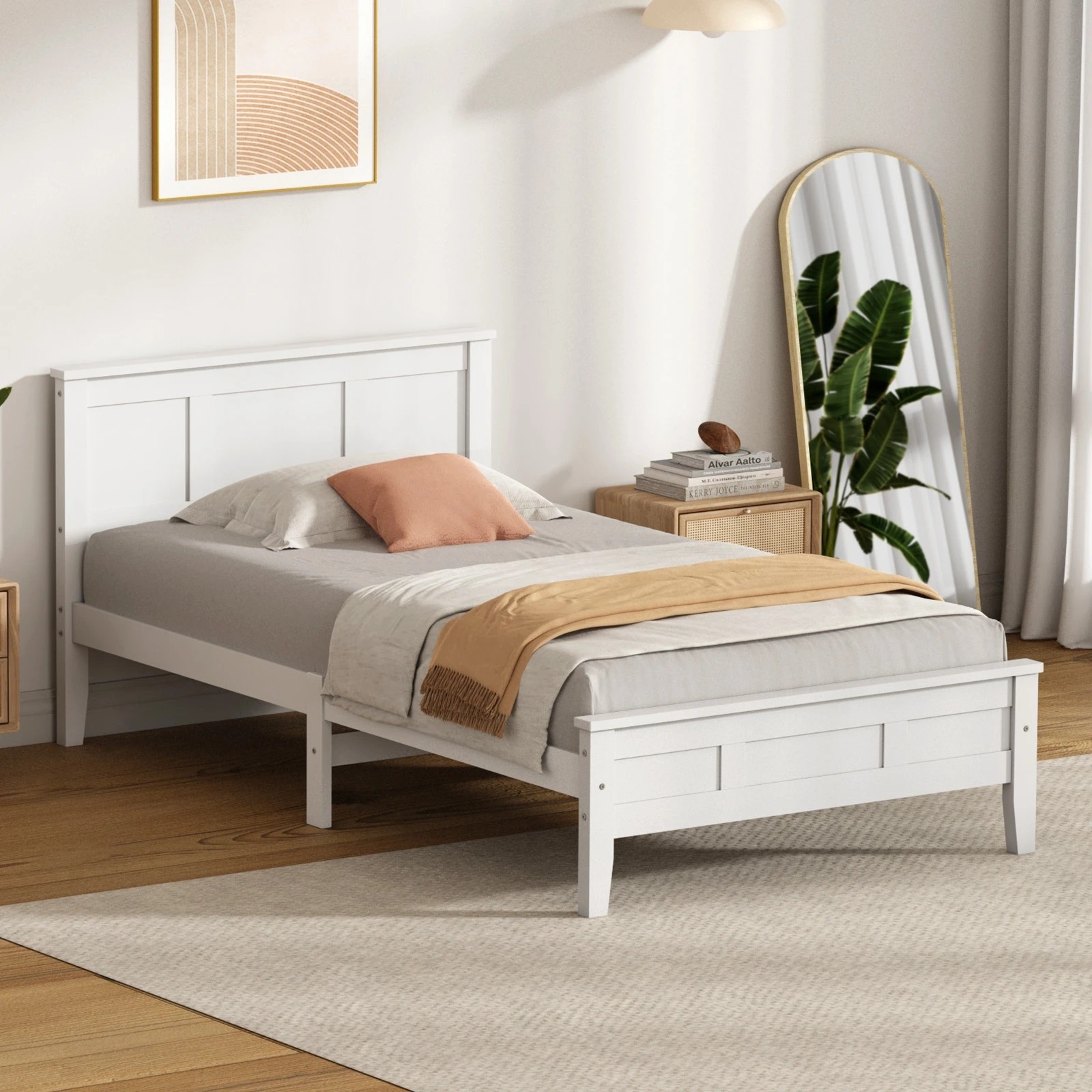 3 Oikiture Single Wooden Bed Frame with Slatted Base Headboard Pine Timber Single - White, 3 of 9