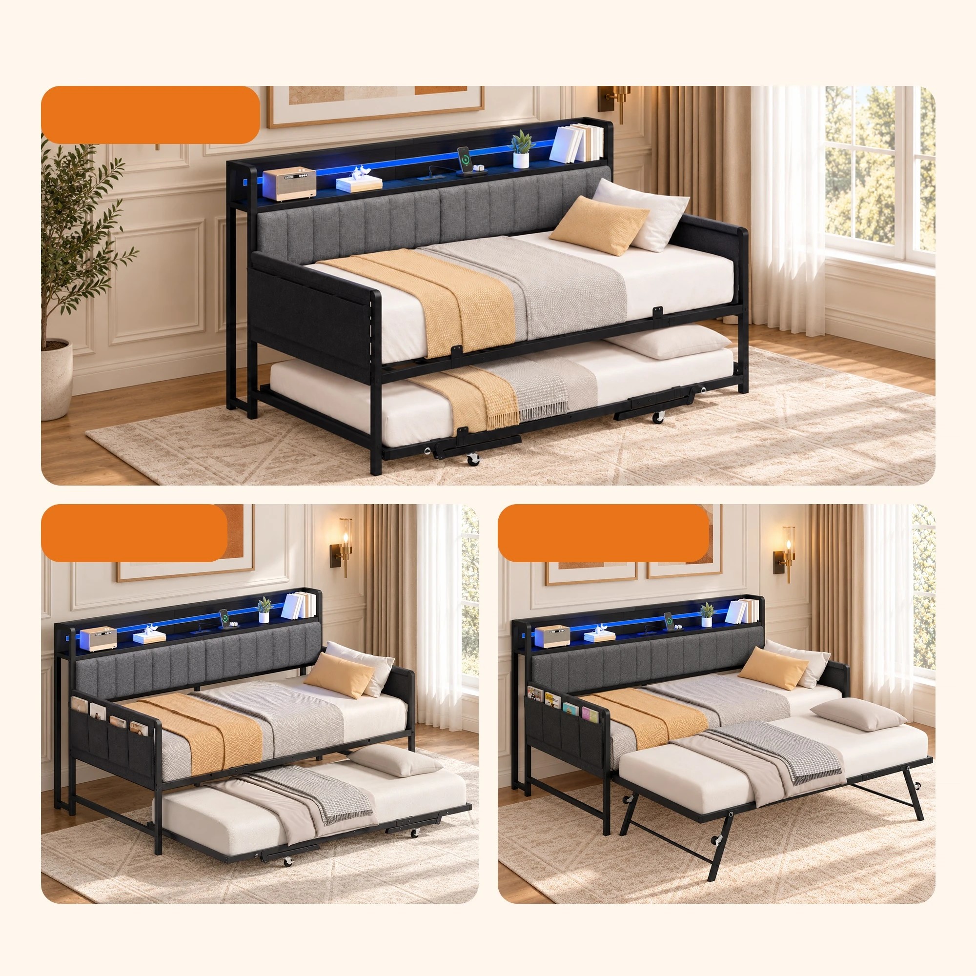 2 Advwin Single Size Metal Bed Frame Daybed w/ Trundle & Power Outlets - Black, 2 of 9