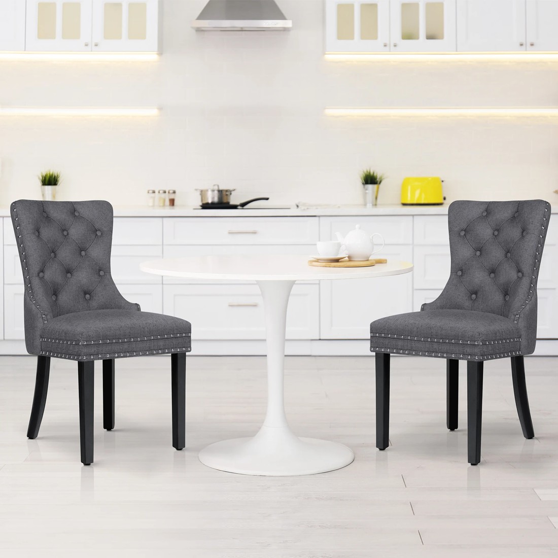 6 Alfordson 2x Dining Chair Kitchen Lounge Retro Button Tufted Wooden Fabric - Grey, 6 of 10