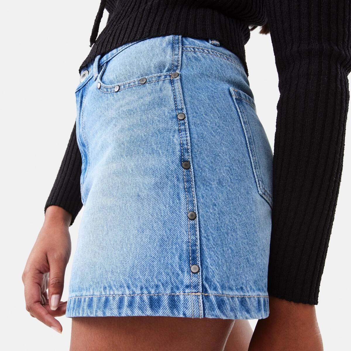 9 Studded Denim Mini Skirt Mid Wash, 9 of 9