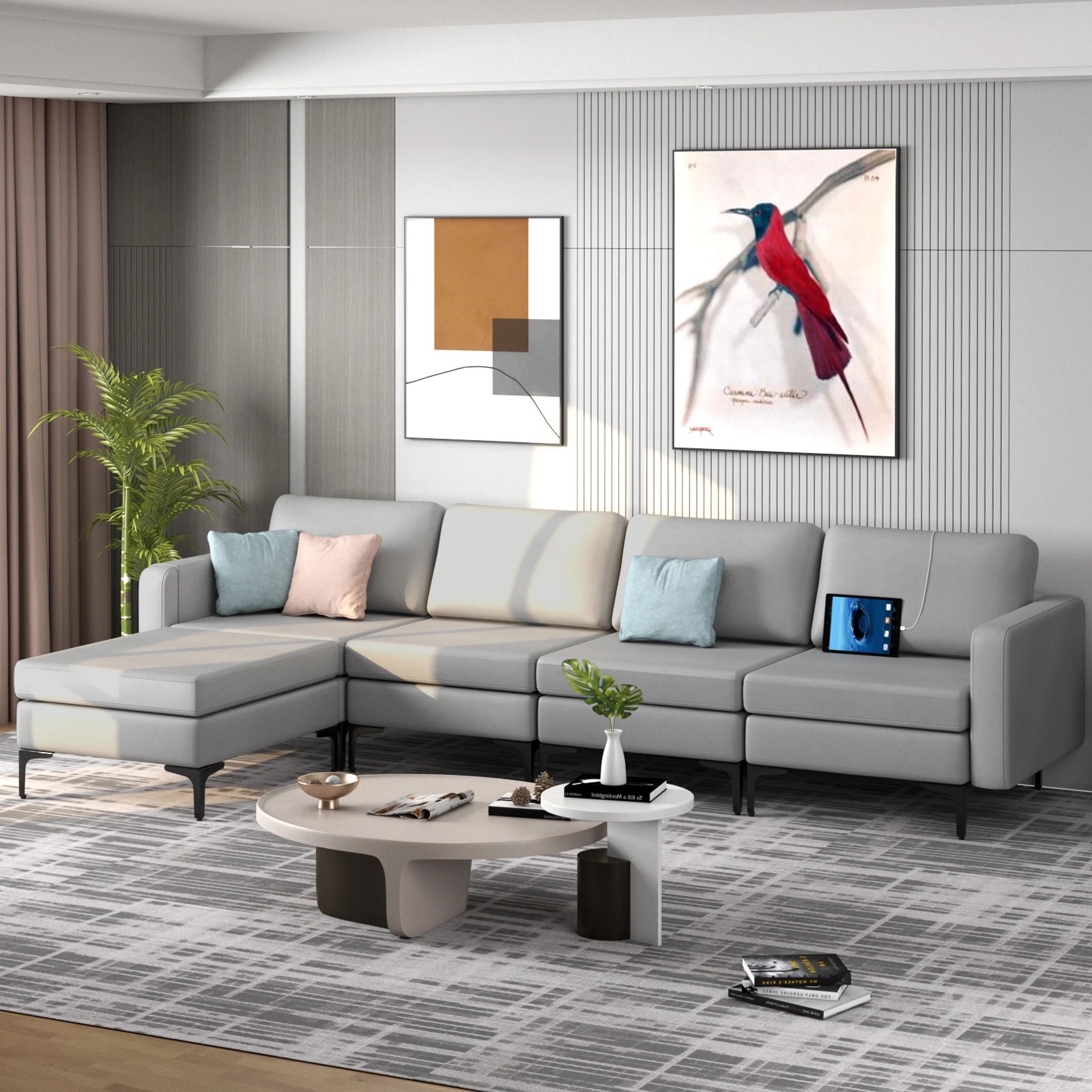 2 Costway L-Shaped Sofa Bed Fabric Modular Lounge Suite Couch Ottoman w/Side Pocket Corner Home Office - Grey, 2 of 4