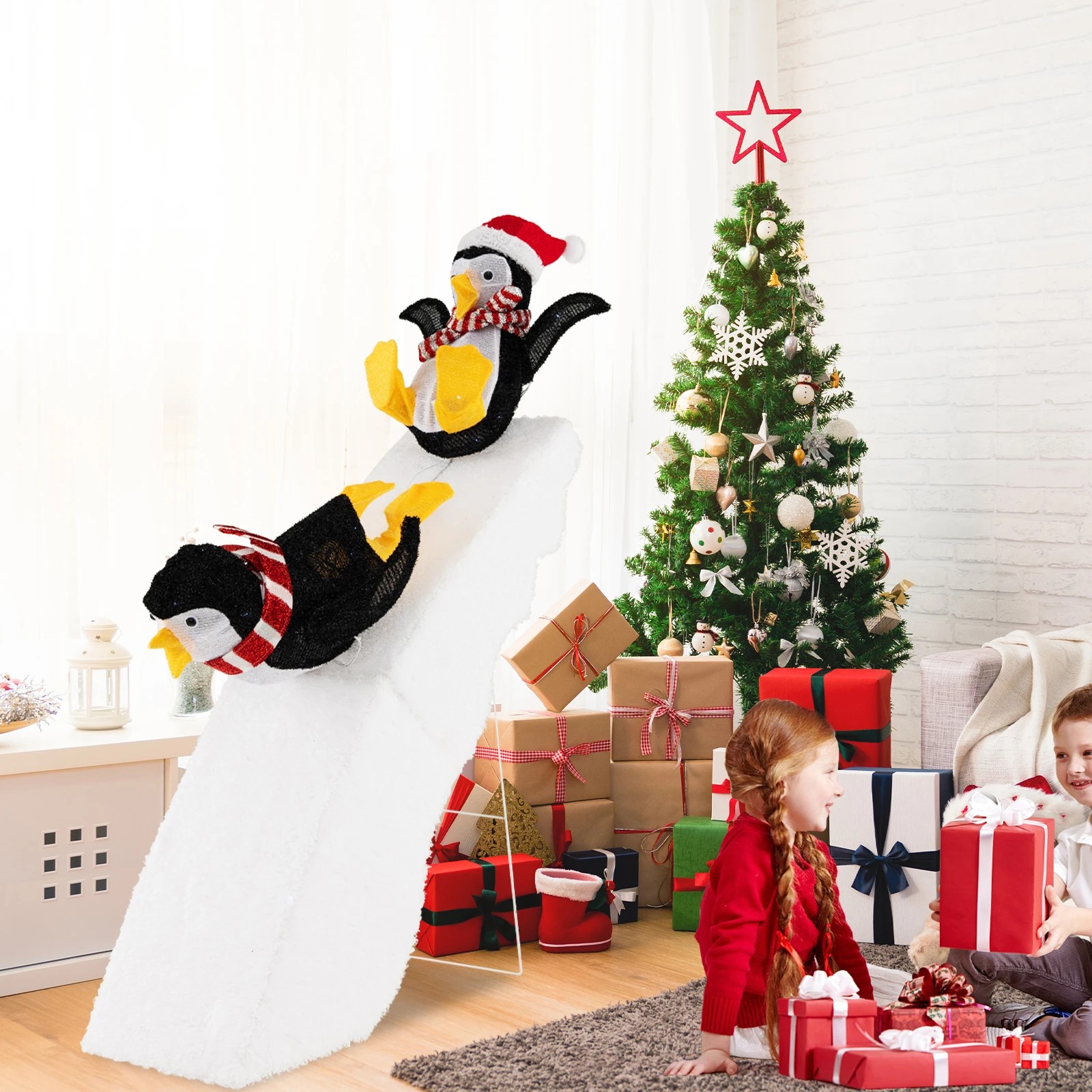 3 Costway Pre-Lit Christmas Decoration 120CM Penguin Ice Skating & Snowy Slide, 3 of 4