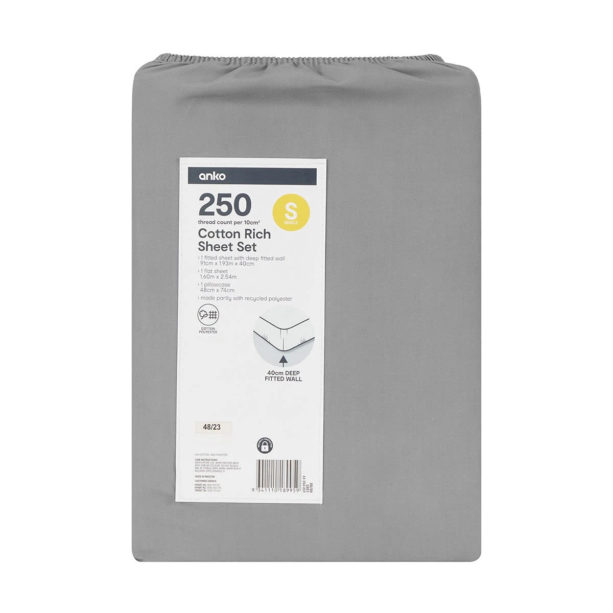 7 250 Thread Count Cotton Rich Sheet Set - Grey, Single Bed, 7 of 7