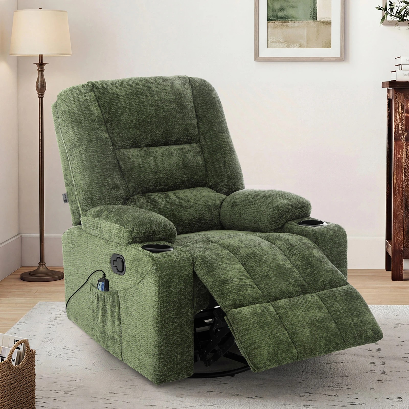 3 Oikiture Recliner Chair 360 Swivel Rocking Heated Electric - Green, 3 of 7