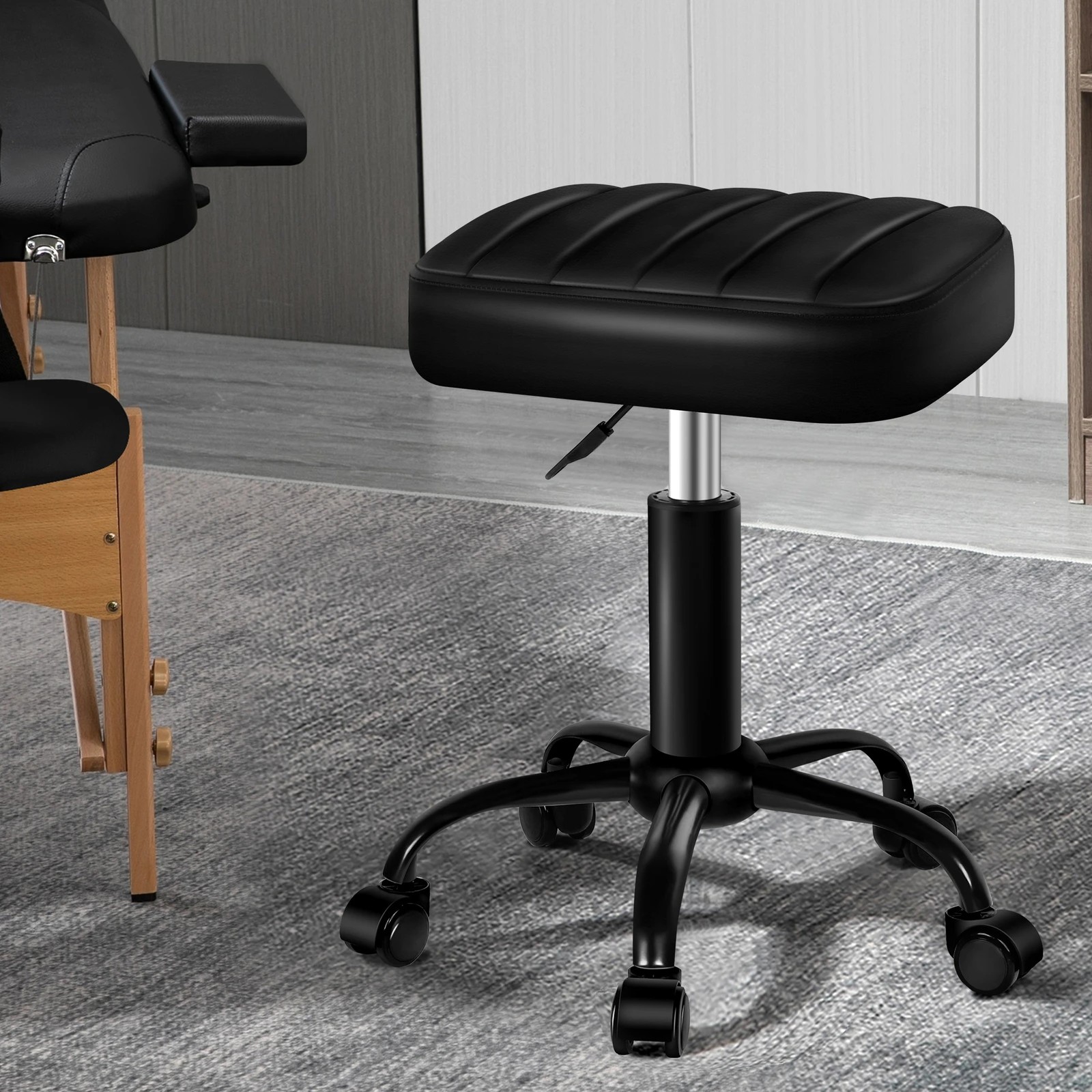 2 Alfordson 2x Salon Stool Square Swivel Barber Hair Chair - All Black, 2 of 10