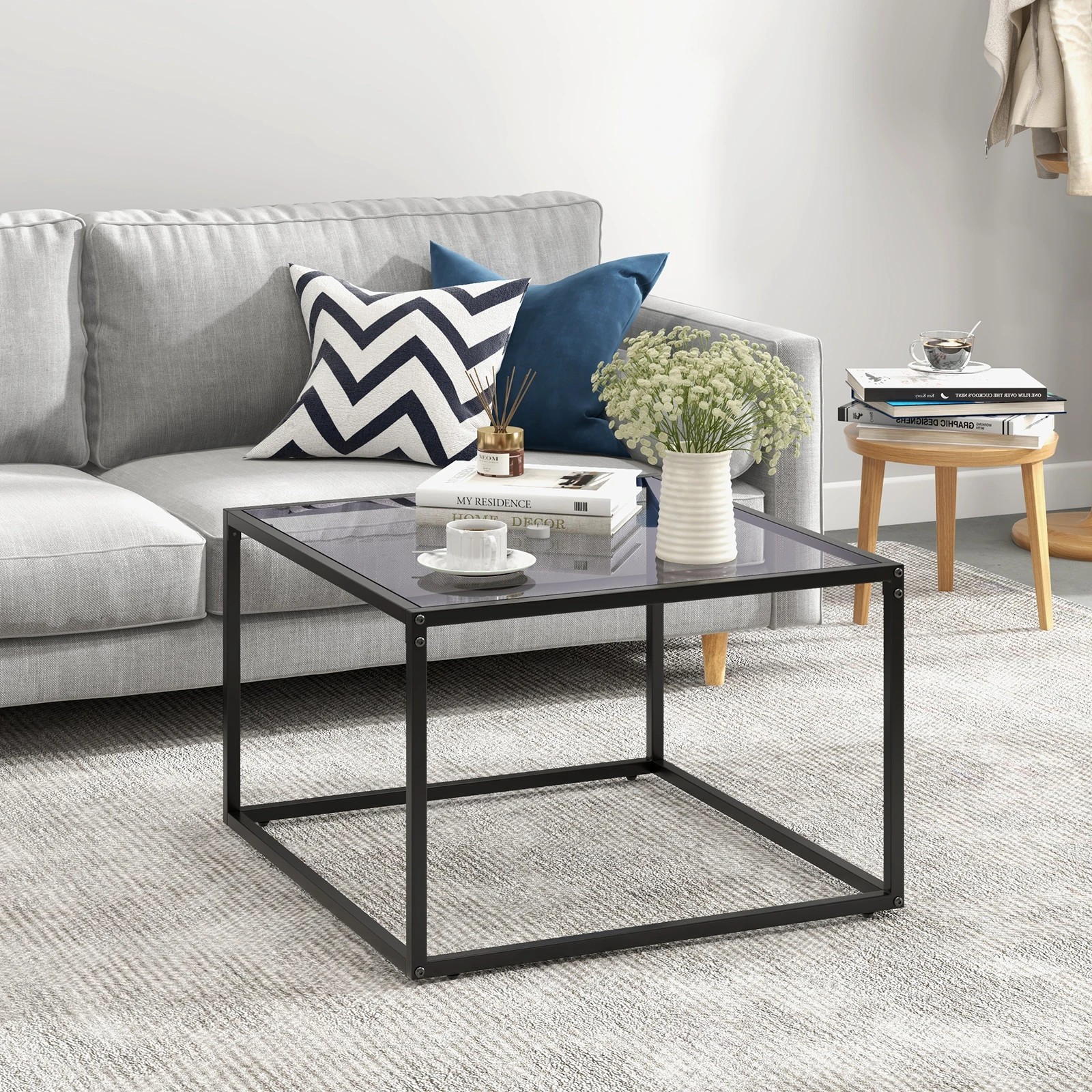 2 Costway 2-Tier Coffee Table Square Side Table Glass Tabletop, 2 of 4