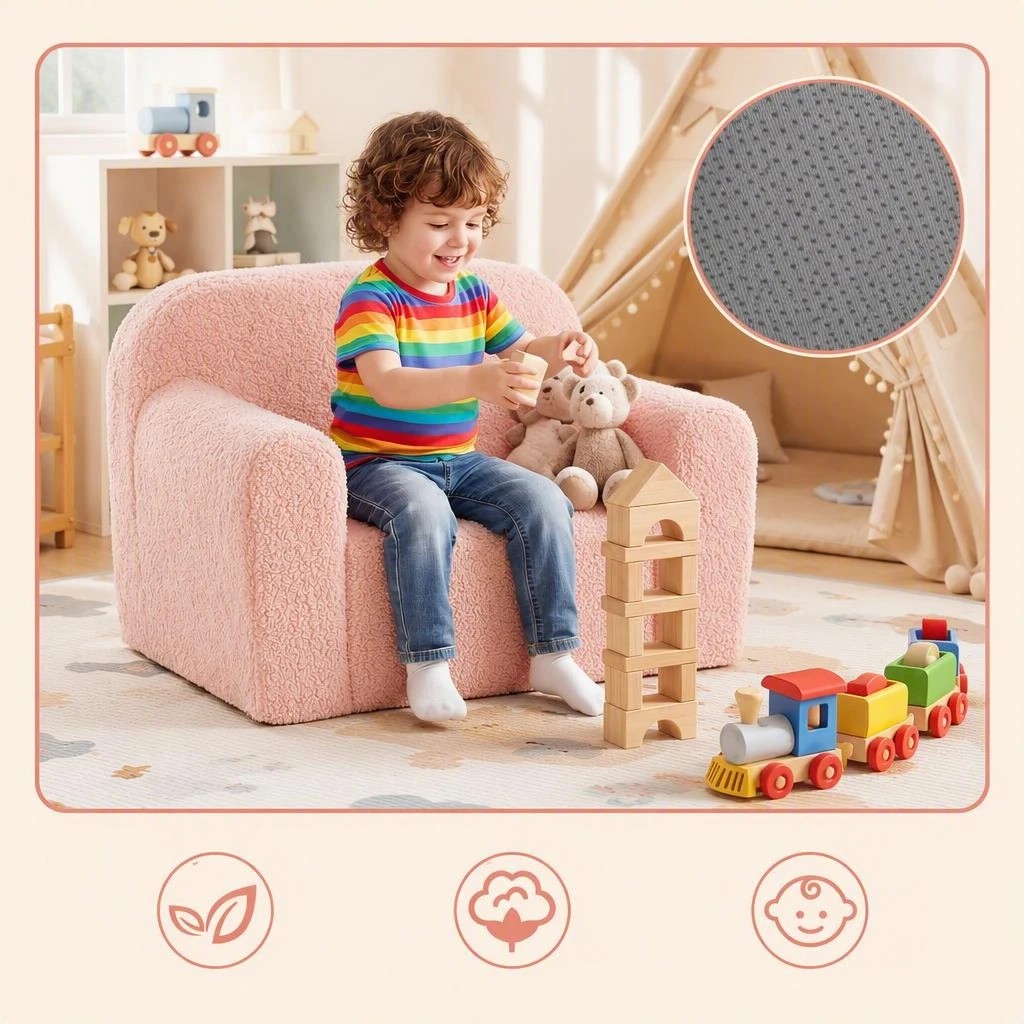 6 Costway Foam Couch Teddy Fleece Fabric Sofa Cute Reading Chair w/Handle - Pink, 6 of 8