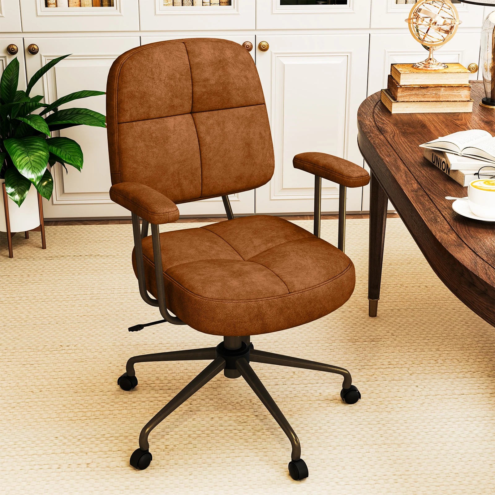 3 Costway Home Office Chair Upholstered Task Chair w/Cushioned Back & Padded Armrests Swivel Chair - Brown, 3 of 4