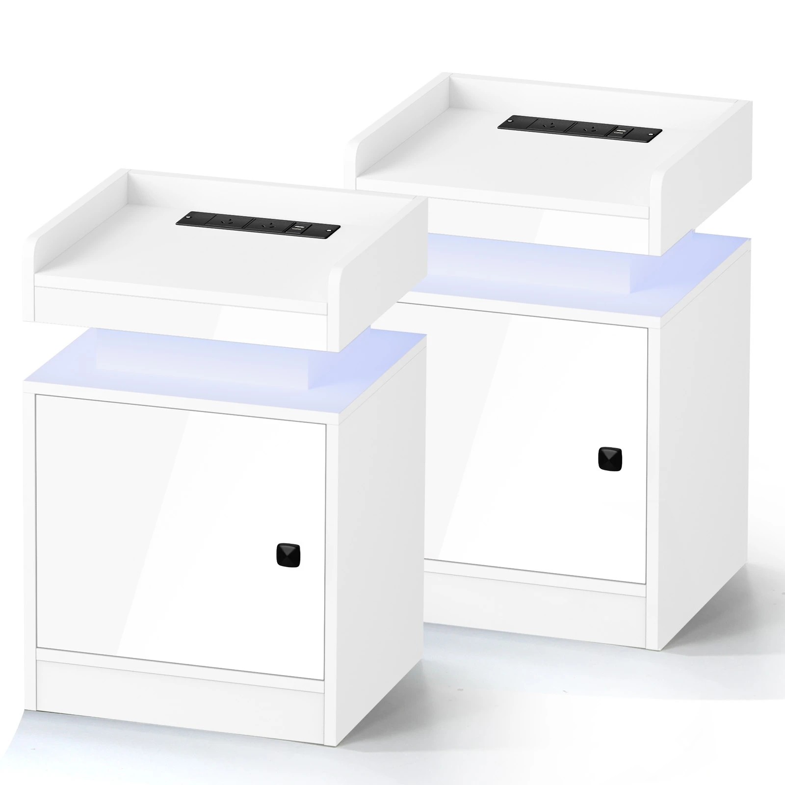 1 Oikiture 2x Bedside Table LED Nightstand USB Charging Station Side Table - White, 1 of 6