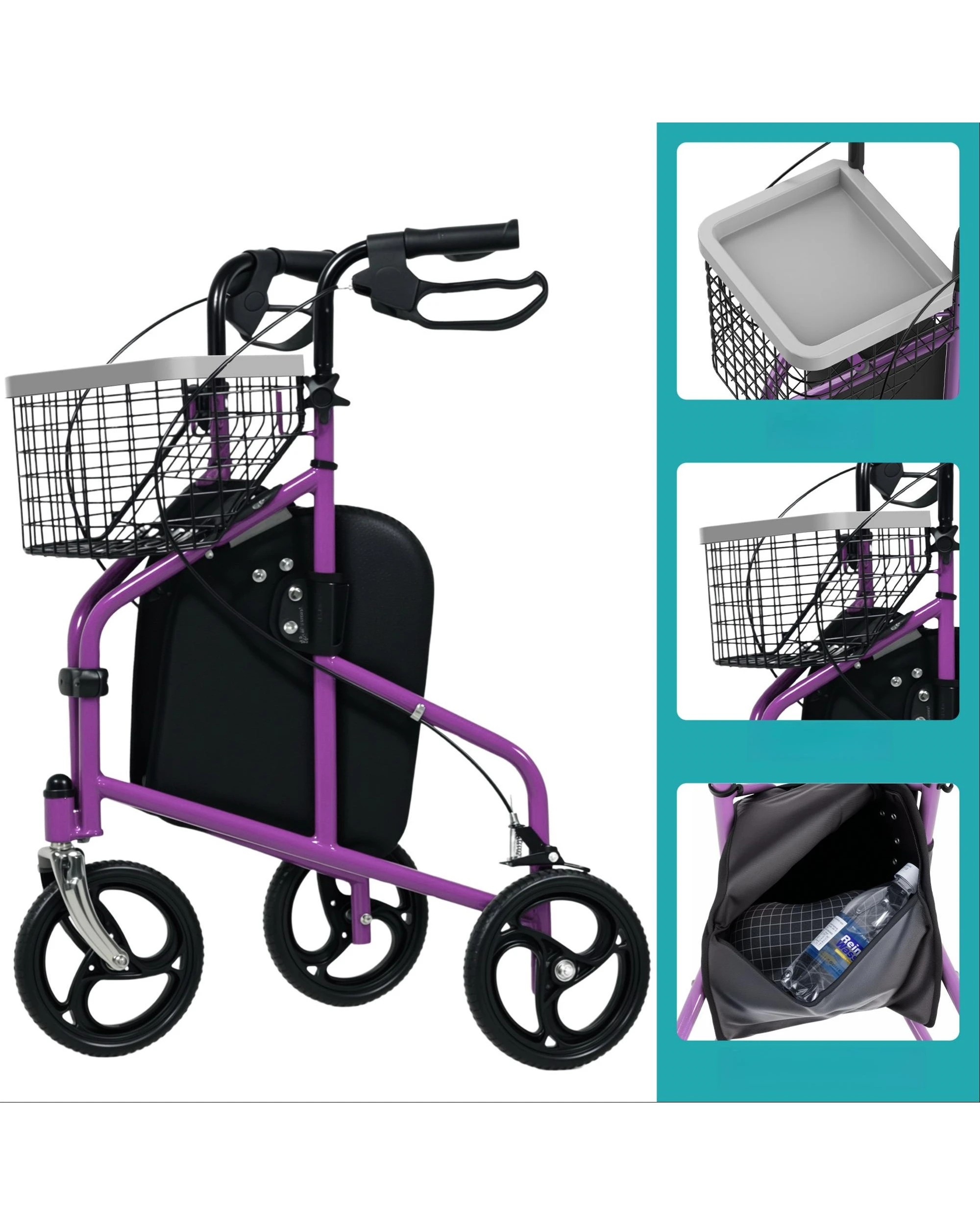 3 Advwin Rollator Walker 3 Wheel Mobility Aid - Purple, 3 of 8