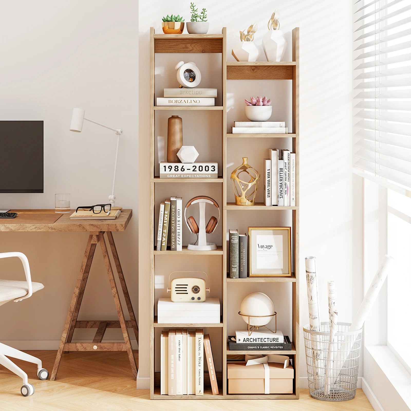 3 Costway 12-Tier Bookshelf Bookcase Wood Display Shelf Tree-Shaped Storage Shelving Cabinet - Natural, 3 of 4
