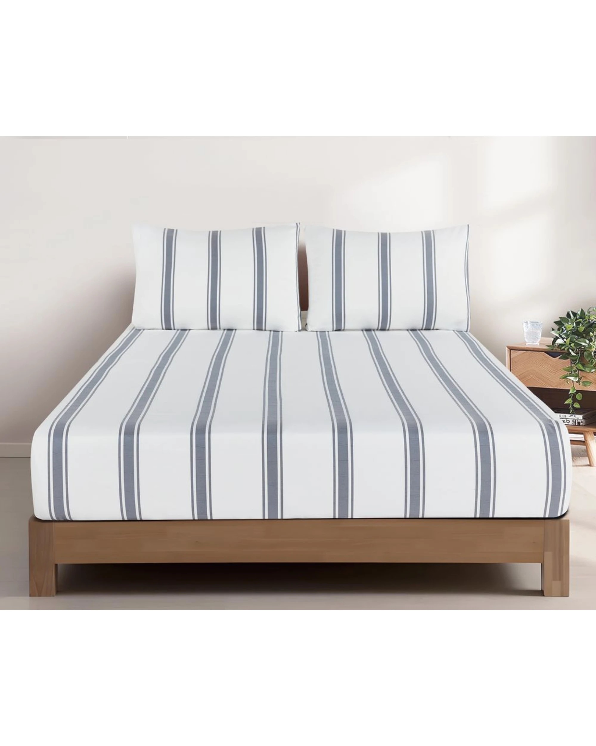 1 CleverPolly Yarn-Dyed Washed Microfibre Fitted Sheet Set - Single Bed - Wide Stripe Steel Blue, 1 of 7