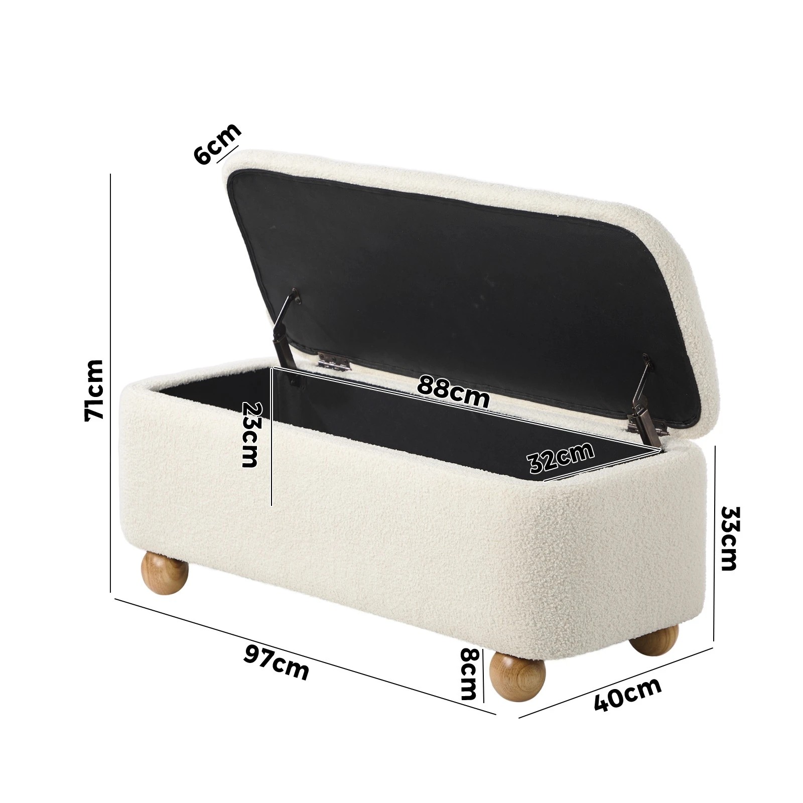 2 Oikiture Storage Ottoman Bench Ball Feet Teddy Boucle - Beige, 2 of 10