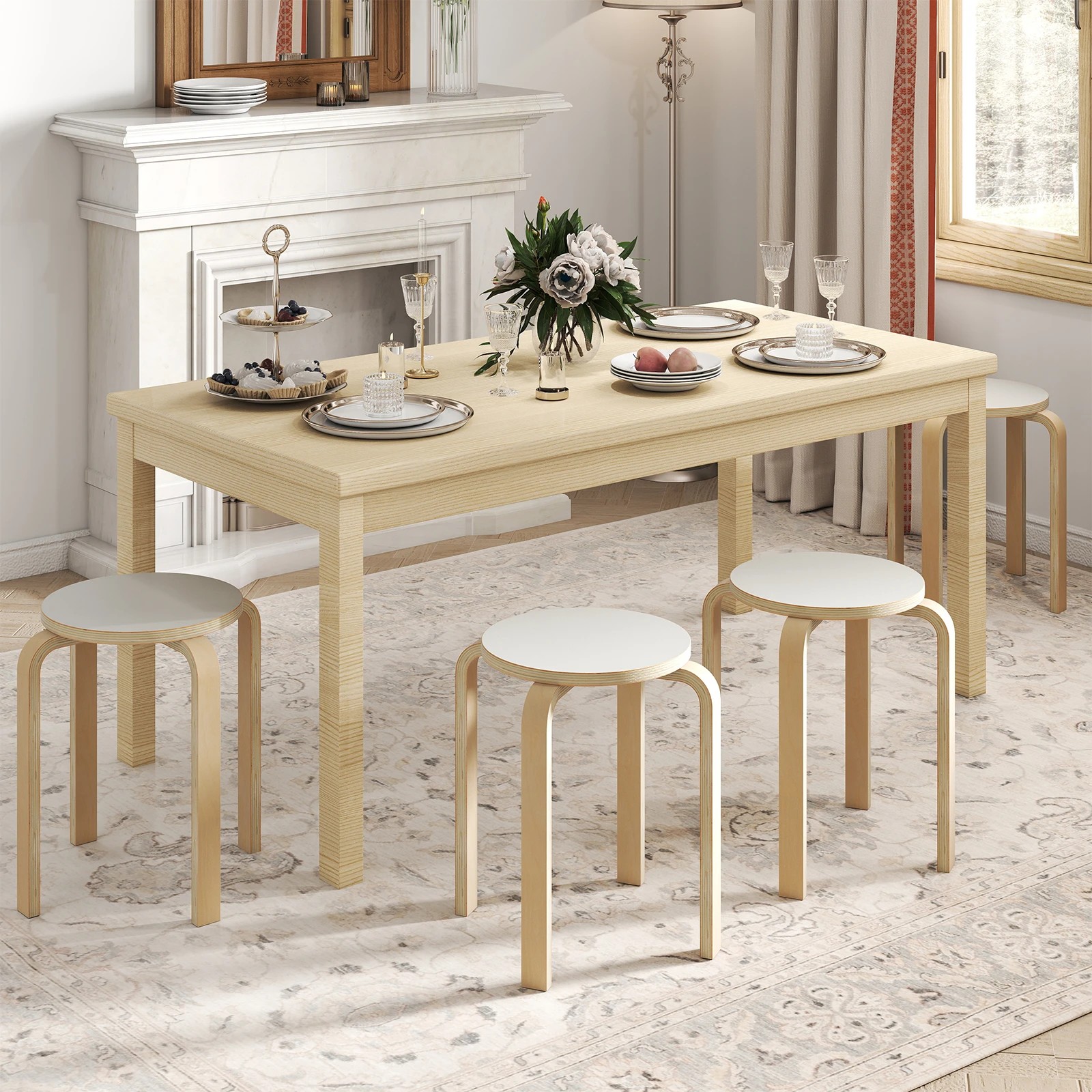 2 Costway 4Pcs Stacking Stool Round Dining Chair Backless Rest Stools Birch Wood, 2 of 4