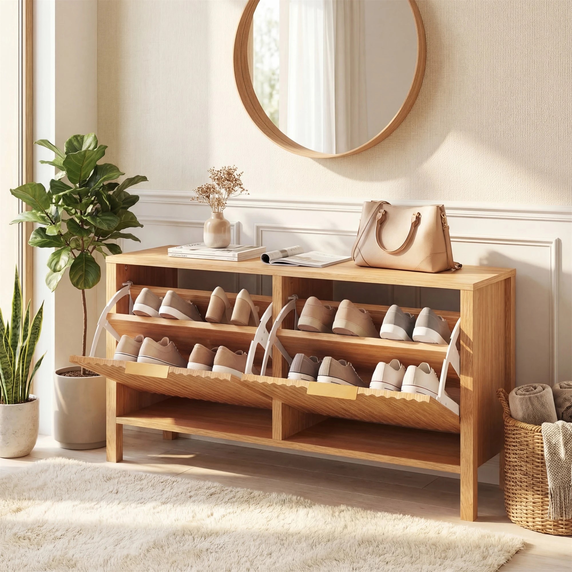 2 Costway Shoe Storage Bench Rack 2 Flip Drawer Adjustable Shelves Organizer Cabinet - Brown, 2 of 4