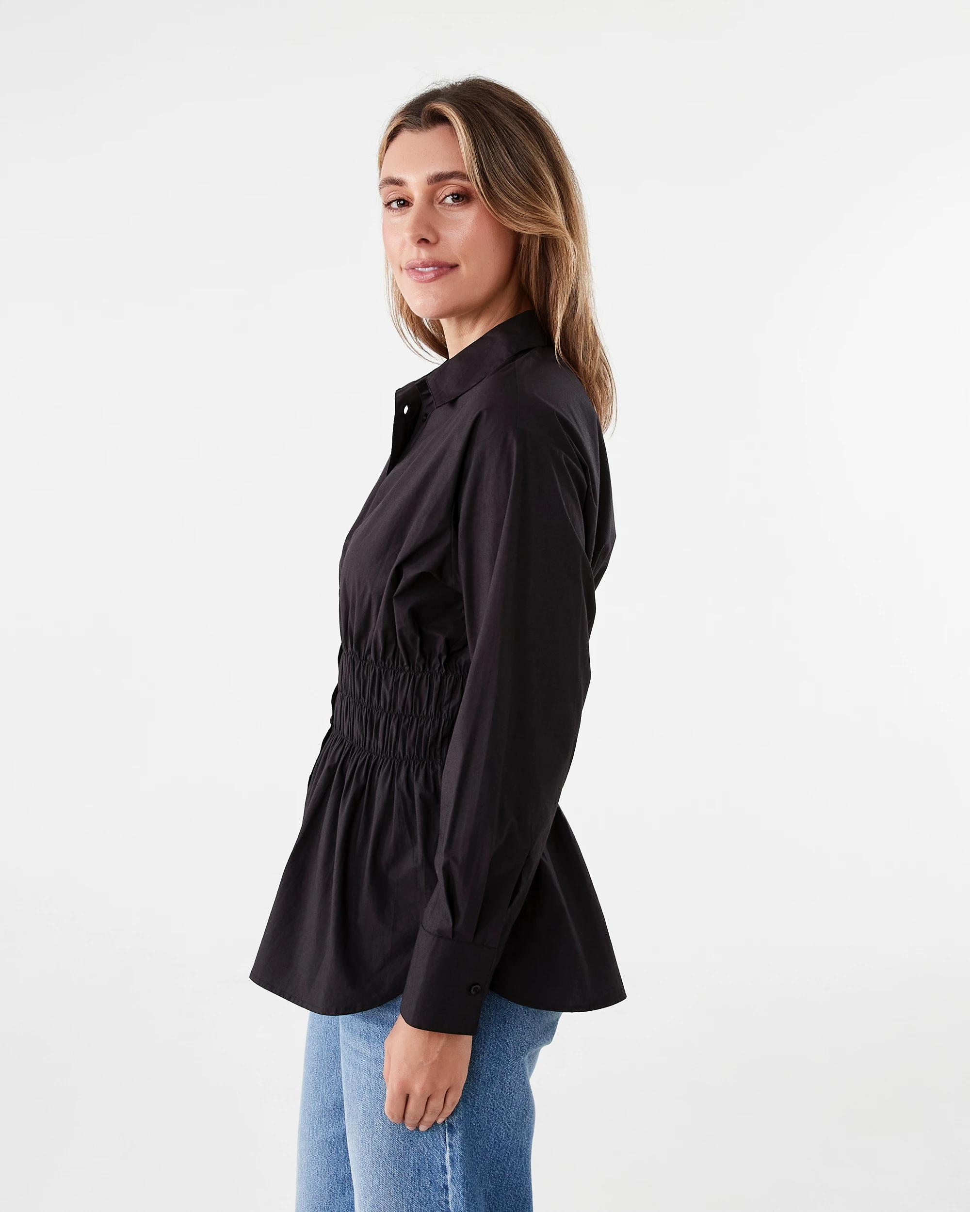 1 Long Sleeve Shirred Waist Shirt Black, 1 of 6