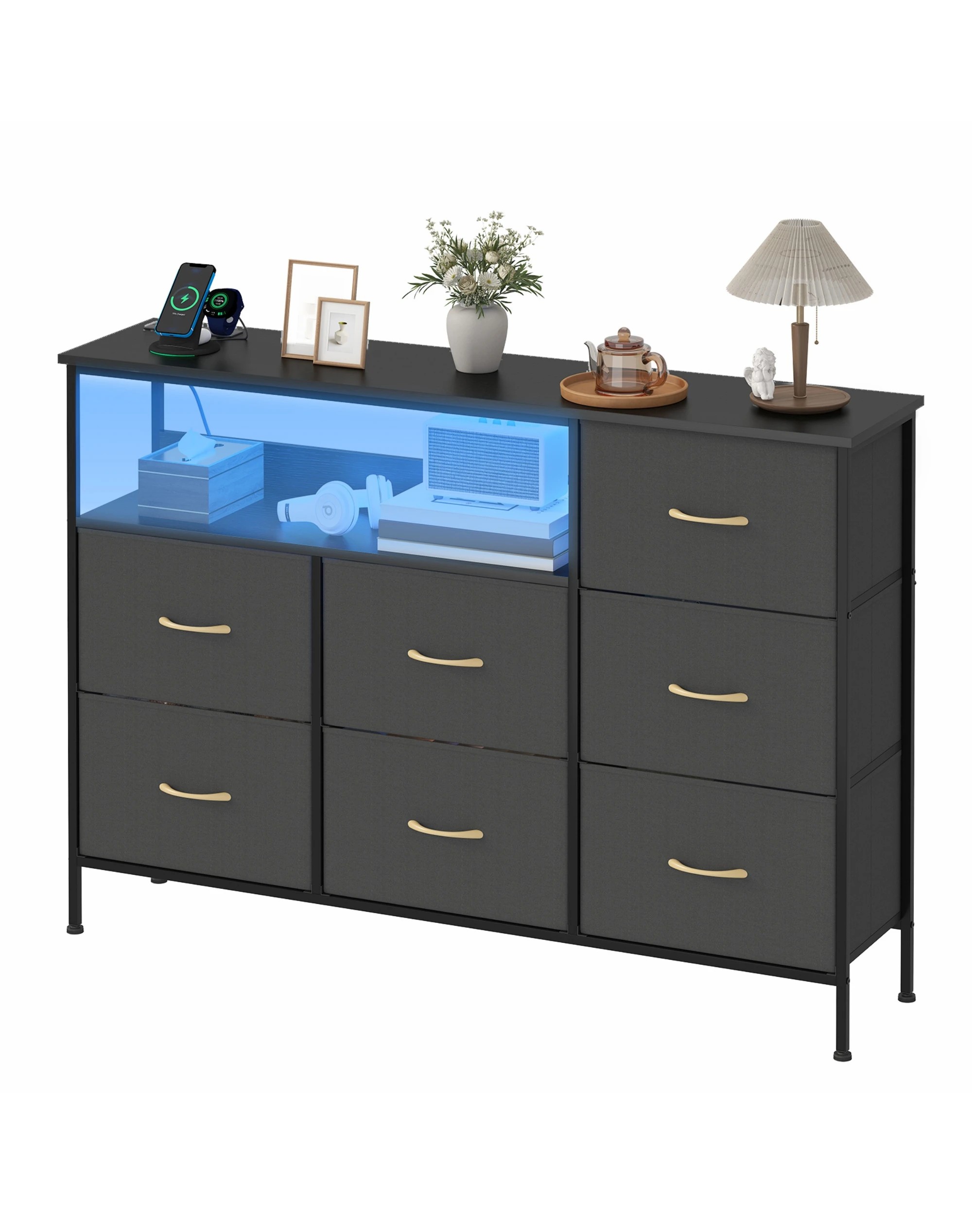 1 Advwin Chest of 7 Drawers?with Open Shelf Storage Charging Station & LED Lights - Black, 1 of 10
