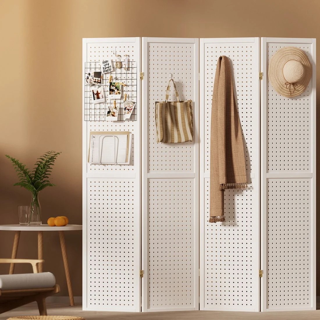1 Artiss 4 Panel Room Divider Screen 164x170cm Pegboard - White, 1 of 7