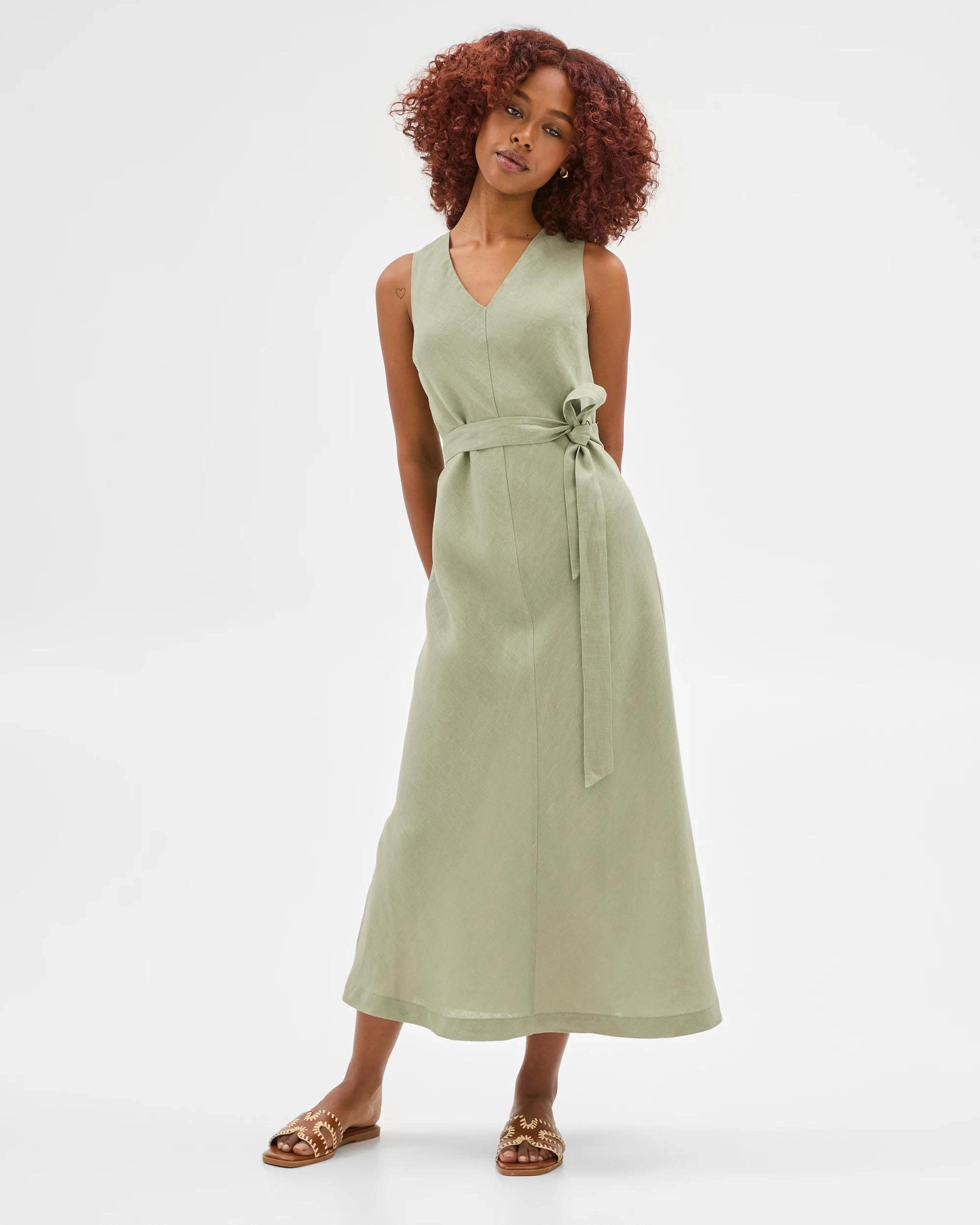 1 Target Petites Petites European Linen V-Neck Midi Dress SPRING SAGE, 1 of 6