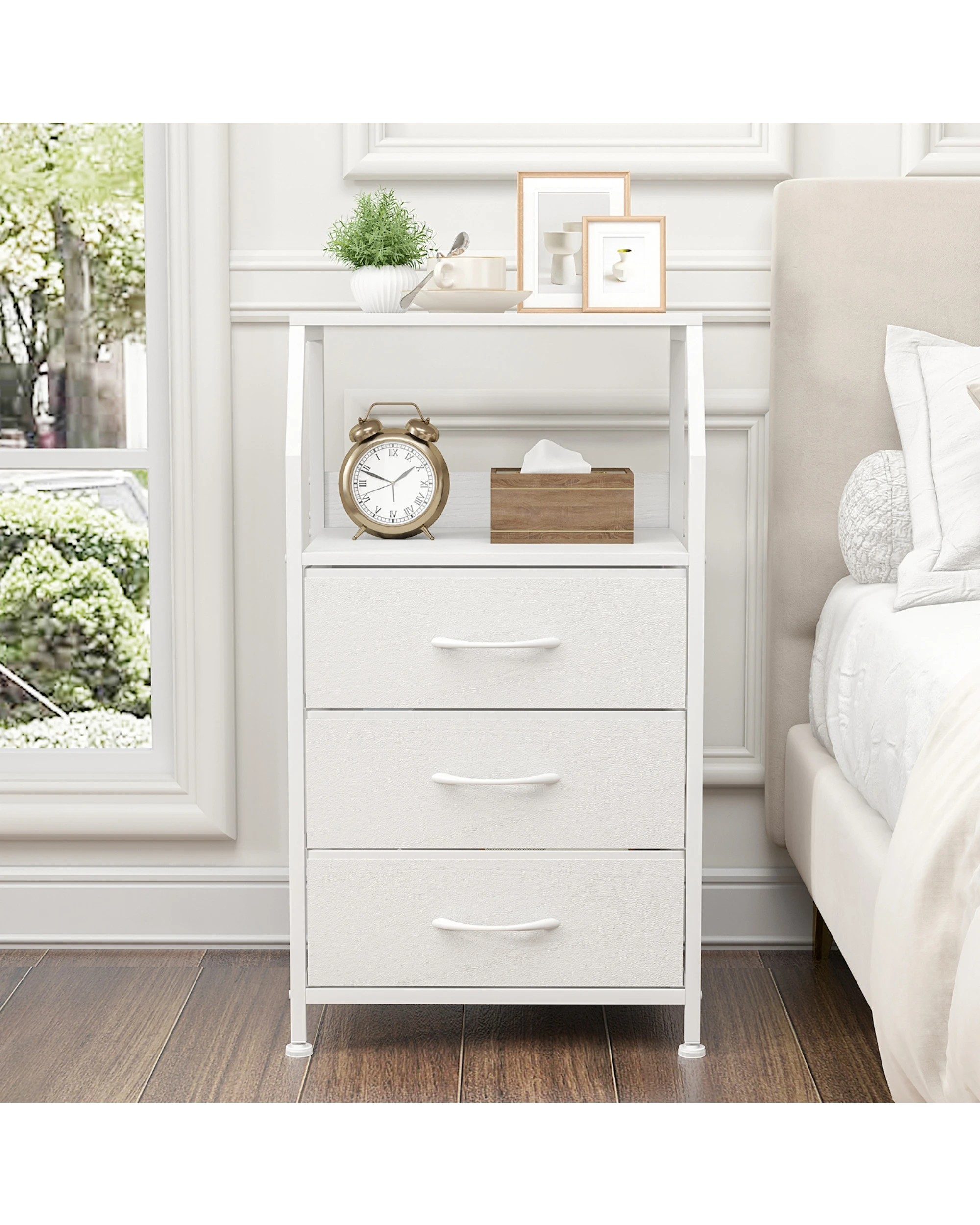 4 Advwin Set of 2 Bedside Table with 3 Fabric Drawers Storage Shelf - White, 4 of 7