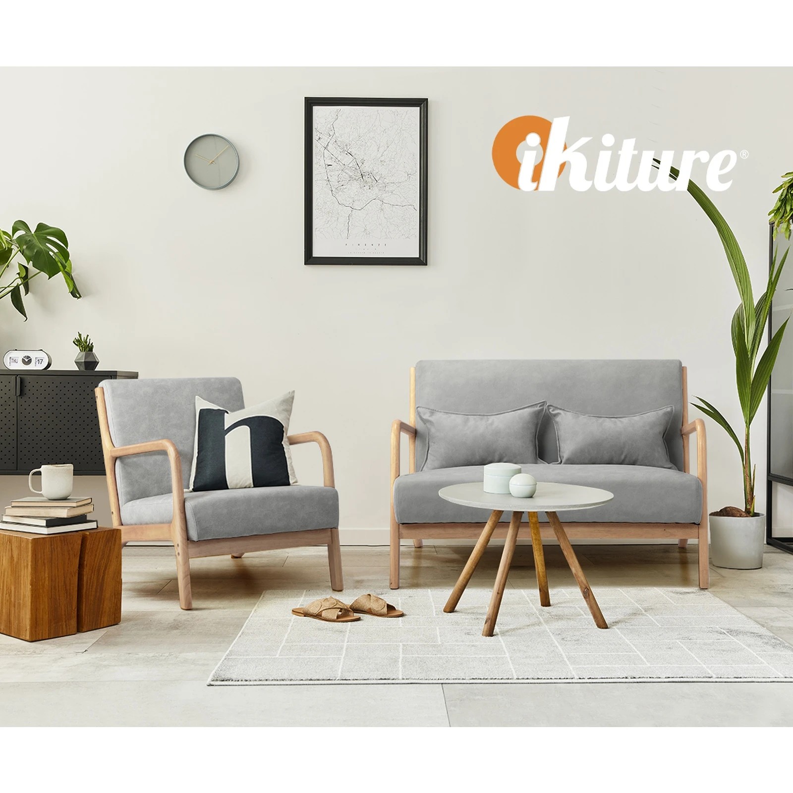 6 Oikiture Armchair Lounge Chair 2 Seater Accent Couch Sofa Fabric  Pillows
 - Grey, 6 of 10