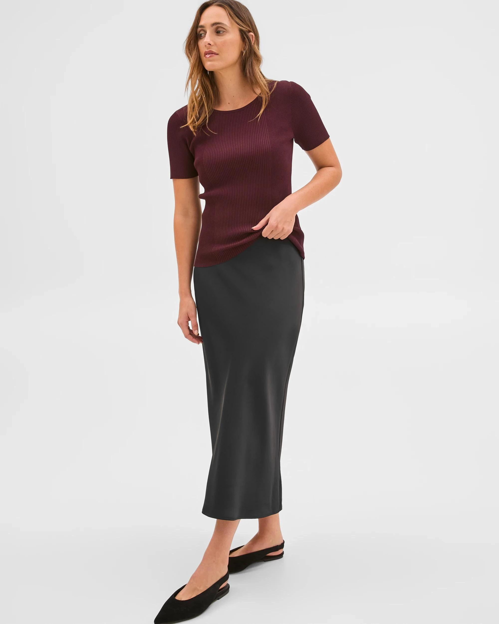 3 Preview Satin Bias Cut Midi Skirt BLACK, 3 of 6