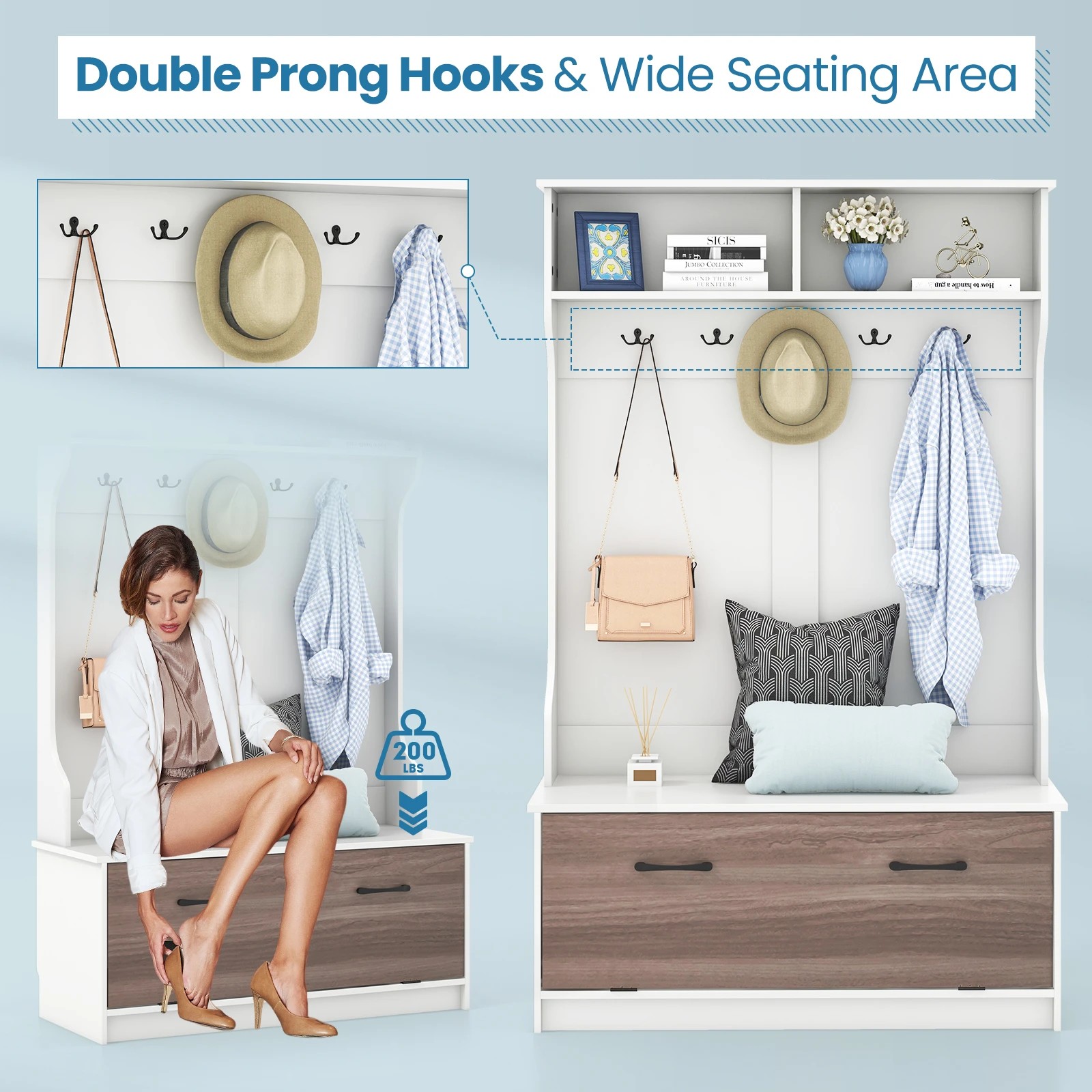 6 Costway 160cm Hall Tree Coat Clothes Rack Shoe Storage Bench w/Hooks, 6 of 9