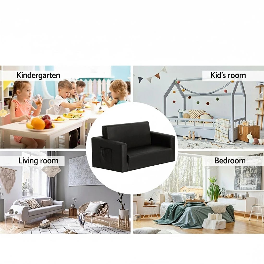 5 Keezi Kids Sofa 2 Seater Children Flip Open Couch PU Leather Armchair - Black, 5 of 5