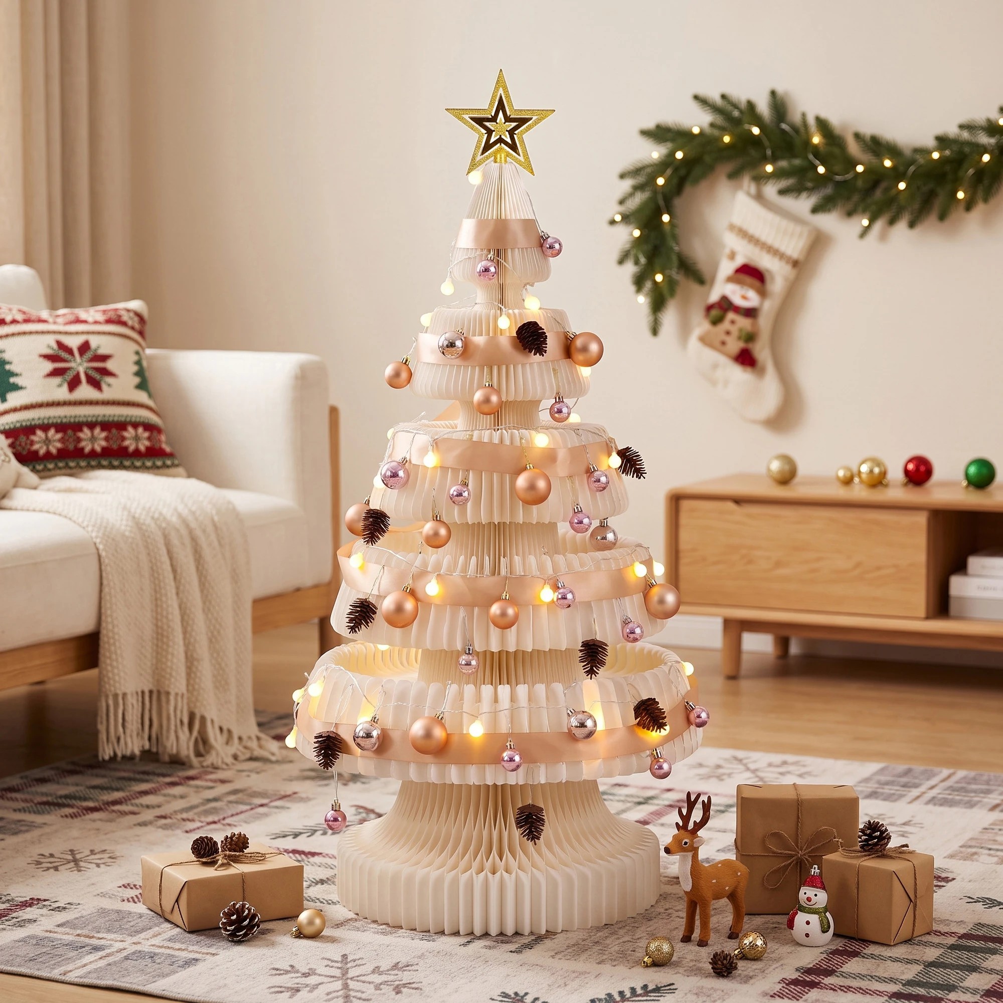 2 Jingle Jollys Paper Christmas Tree Foldable 114CM w/ Star Topper LEDs Xmas Decoration Kit - White, 2 of 9