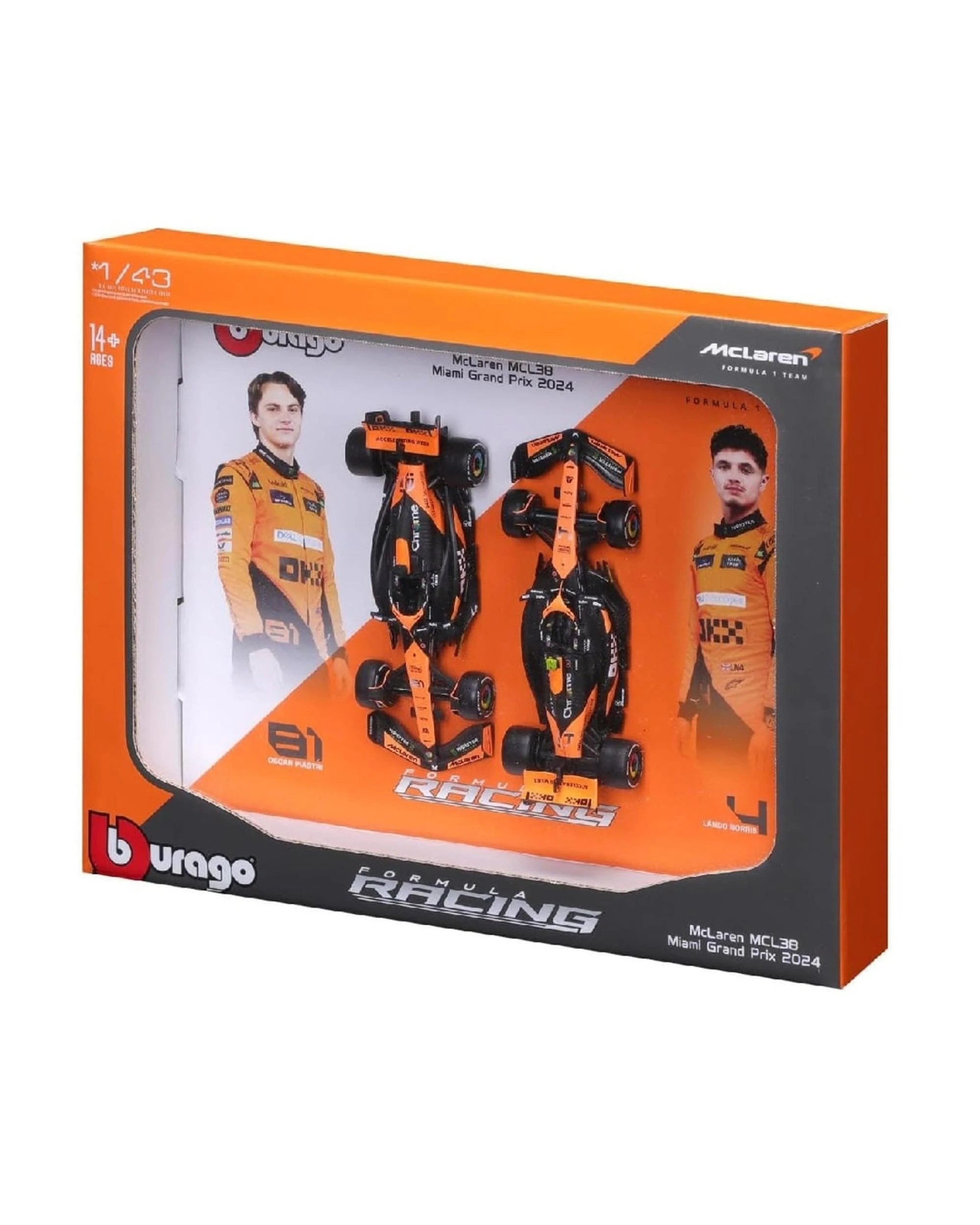 2 Bburago Formula Racing 2024 F-1 McLaren MCL38 #81 Piastri and #4 Norris 1:43 Scale Diecast Vehicle 2 Piece Gift Pack, 2 of 3