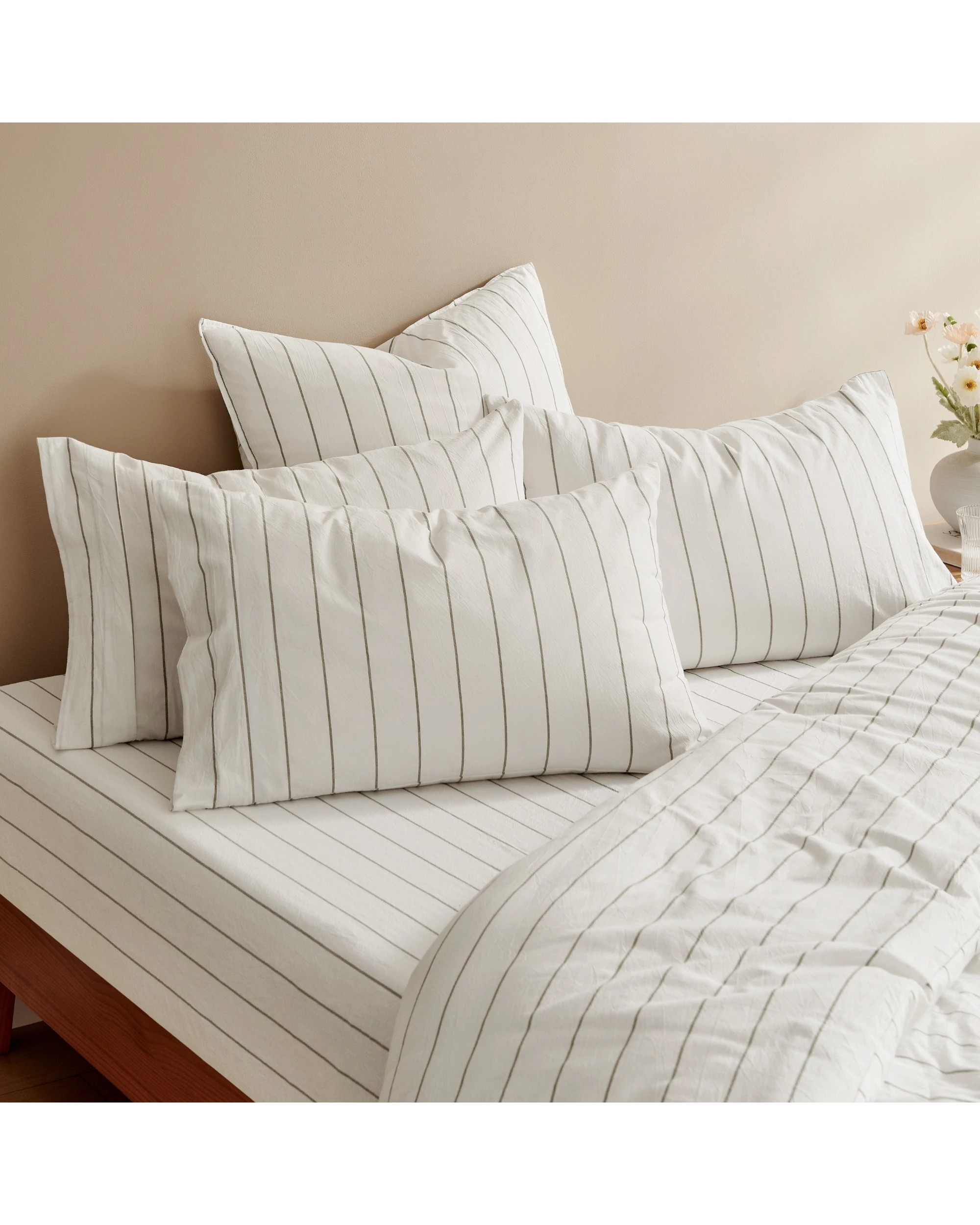 6 Dreamaker Rumi Stripe Washed Cotton Reversible Quilt Cover Set - Queen Bed - White with Olive, 6 of 6