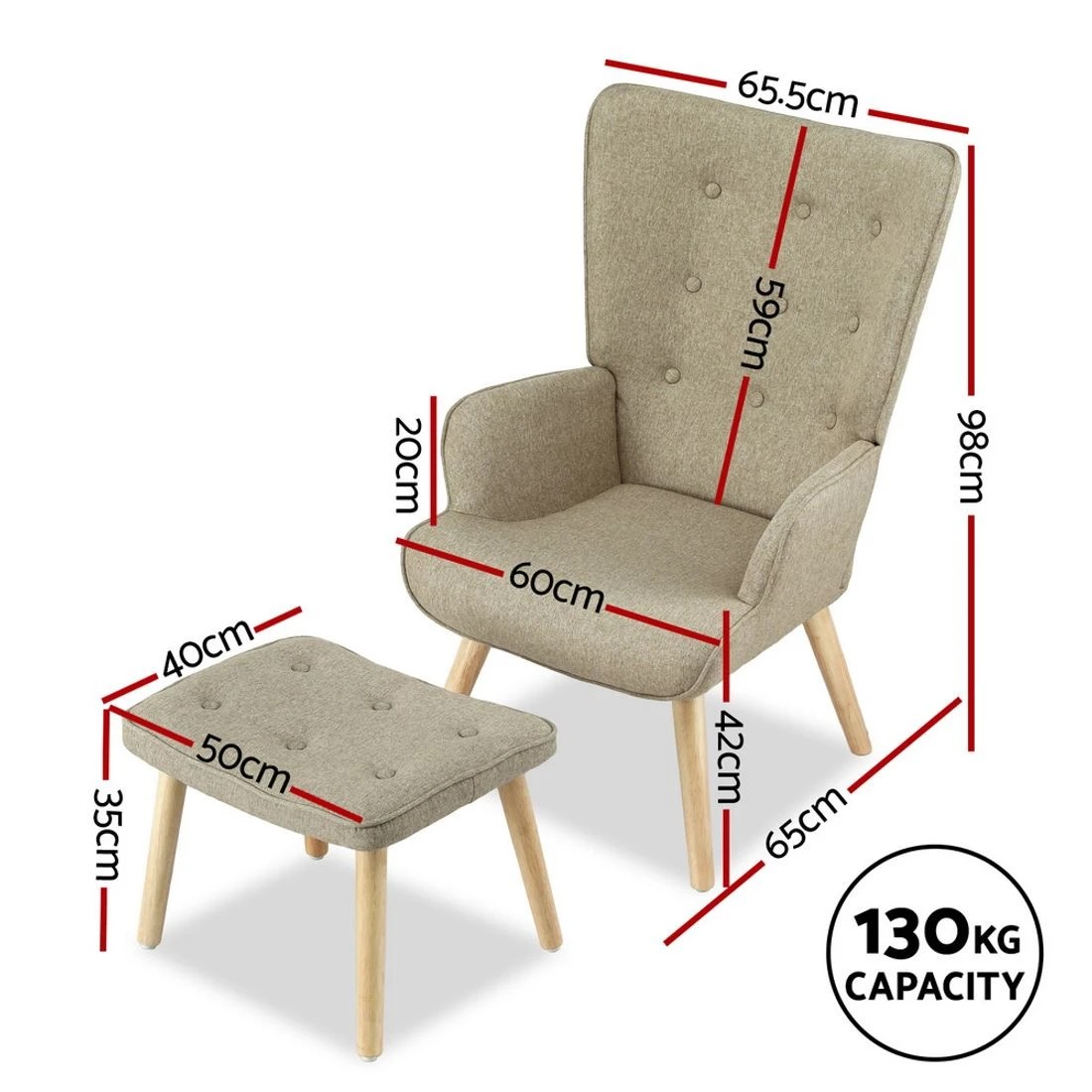 2 Artiss Armchair Set with Ottoman  Lansar - Beige, 2 of 5