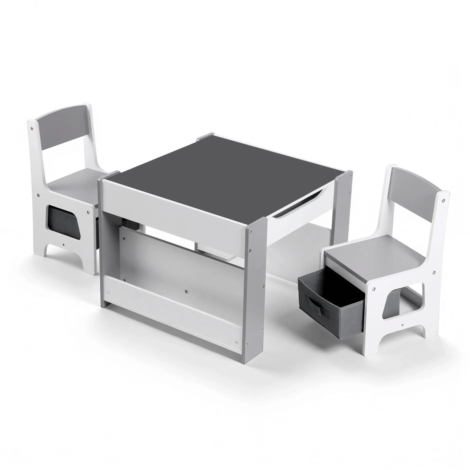 1 Keezi Kids Table and Chair Set 4 in 1 Wooden Activity Table with Bookcase Stor - Grey, 1 of 5