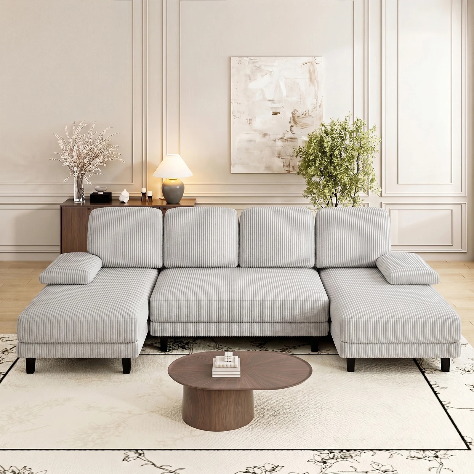 4 Advwin Sectiona Sofa 4-Seater Corduroy Fabric U Shape Couch 280cm - Light Grey, 4 of 6
