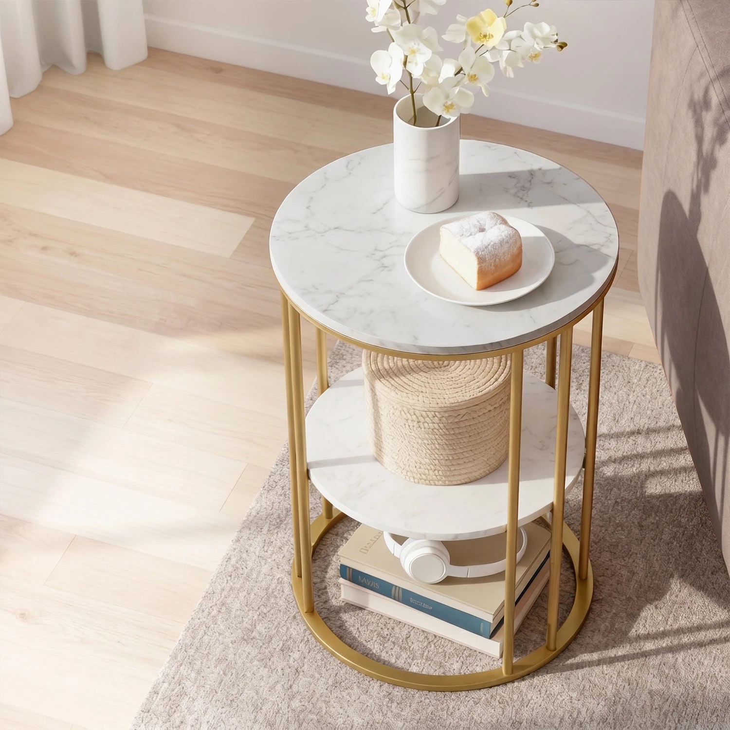 5 Artiss Side Table Set of 2 Marble Effect Round Coffee Table 2 Tier End Bedside Table Nightstand - White, 5 of 8