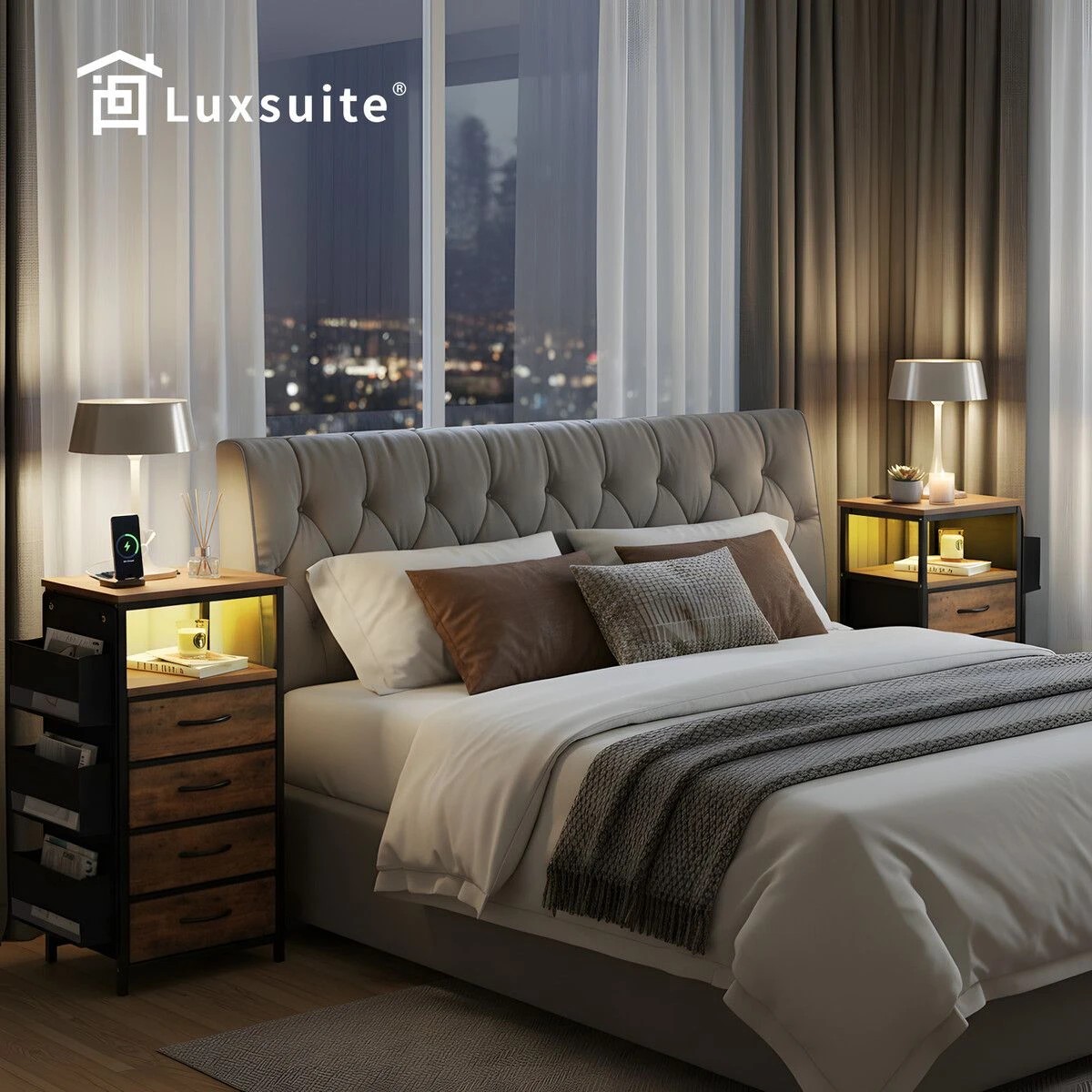 4 LUXSUITE Bedside Table Dresser Chest LED Nightstand Lamp, 4 of 6
