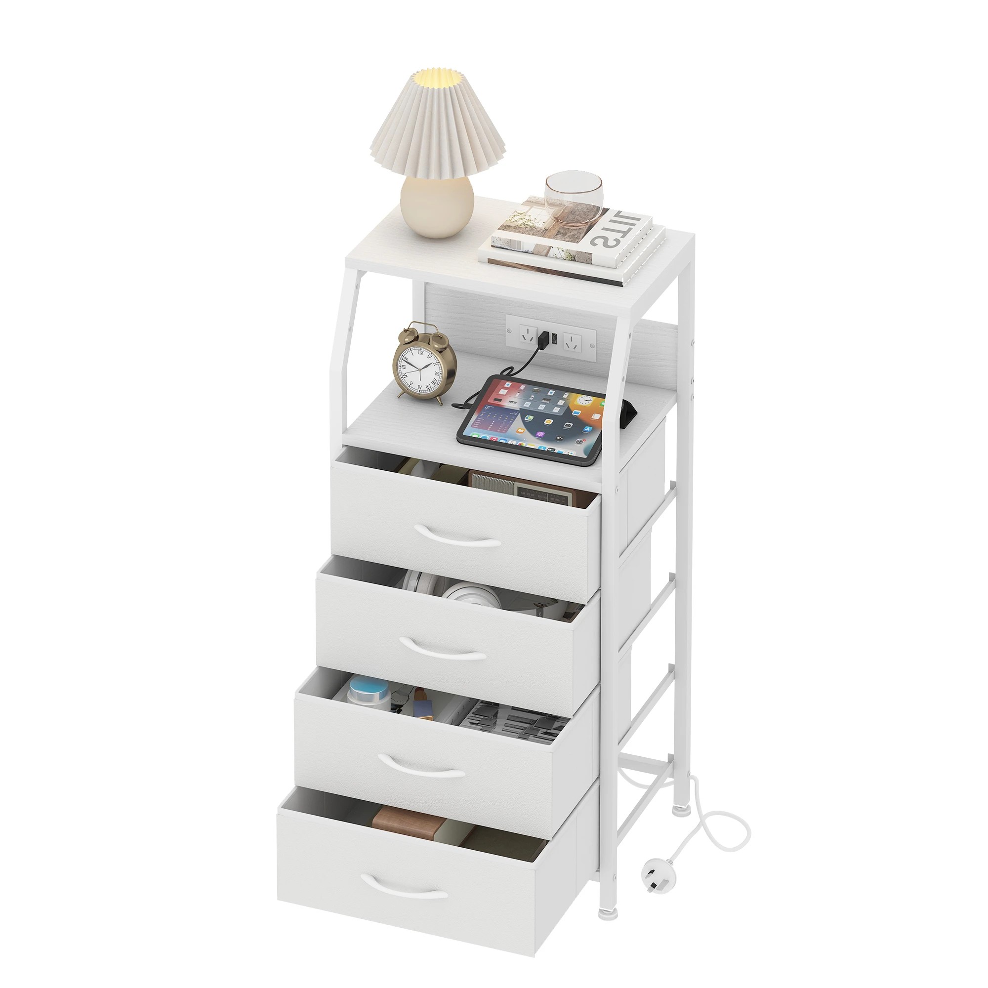 4 Advwin Set of 2 Bedside Table with Charging Station 4 Fabric Drawers Nightstand - White, 4 of 10