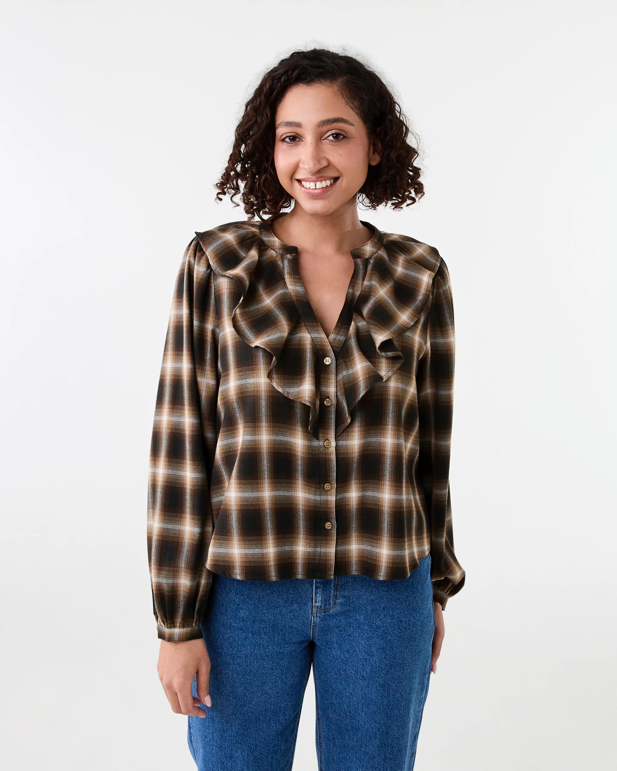 1 Long Sleeve Frill Button Through Top Brwn Check, 1 of 7
